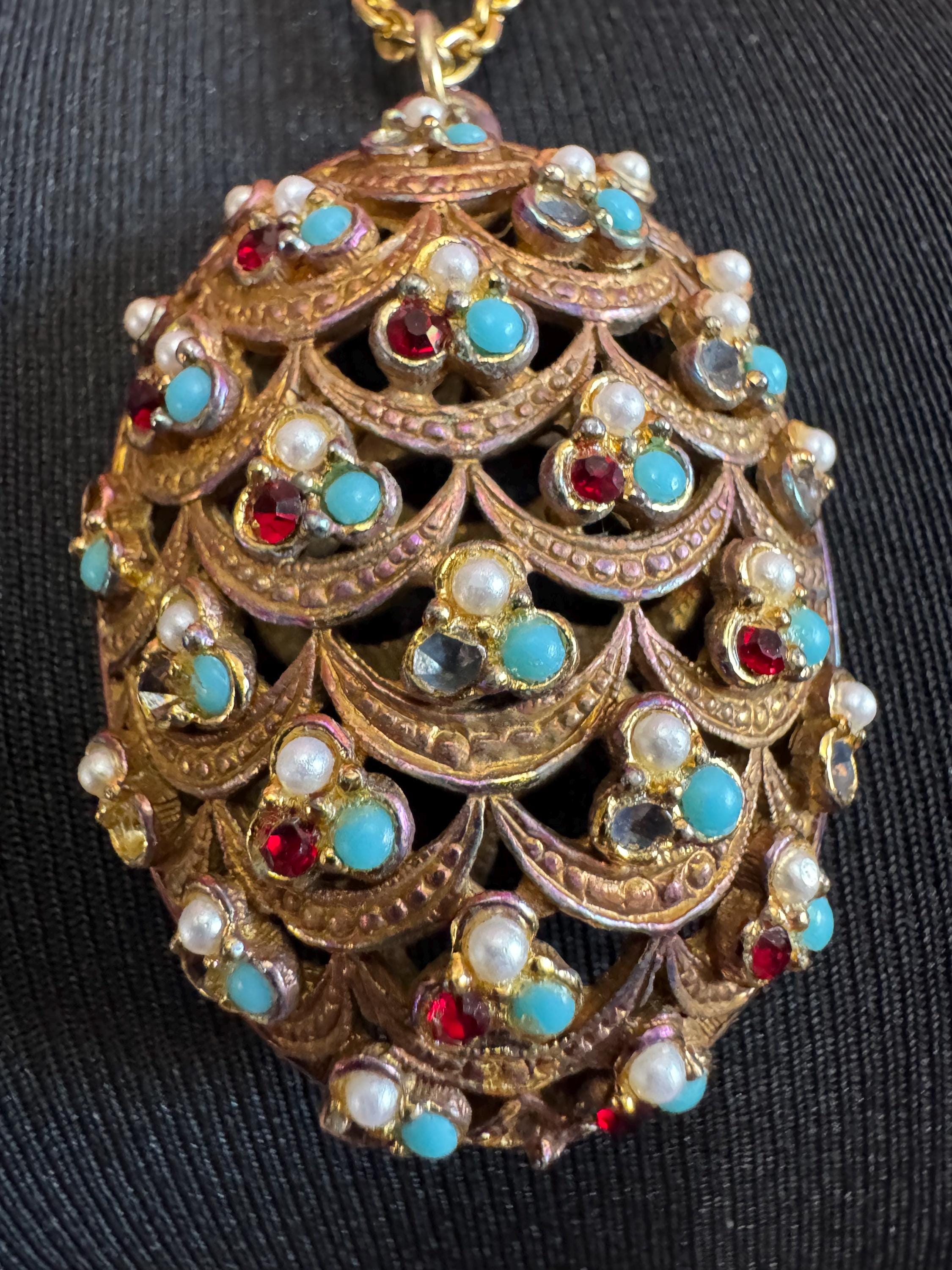 Vintage Garnet turquoise paste  Diamanté seed pearl ornate oval pendant, gold tone as found