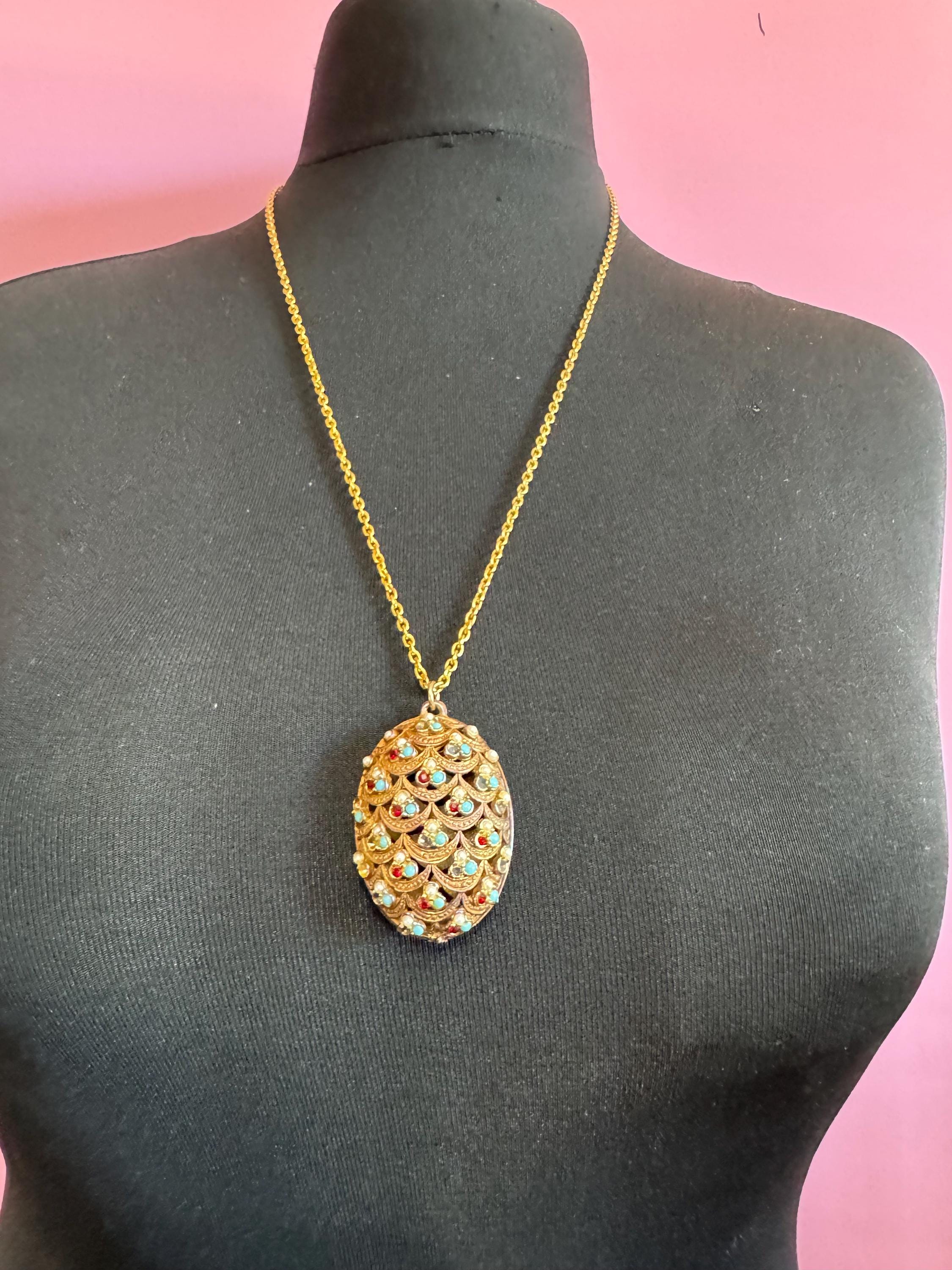Vintage Garnet turquoise paste  Diamanté seed pearl ornate oval pendant, gold tone as found