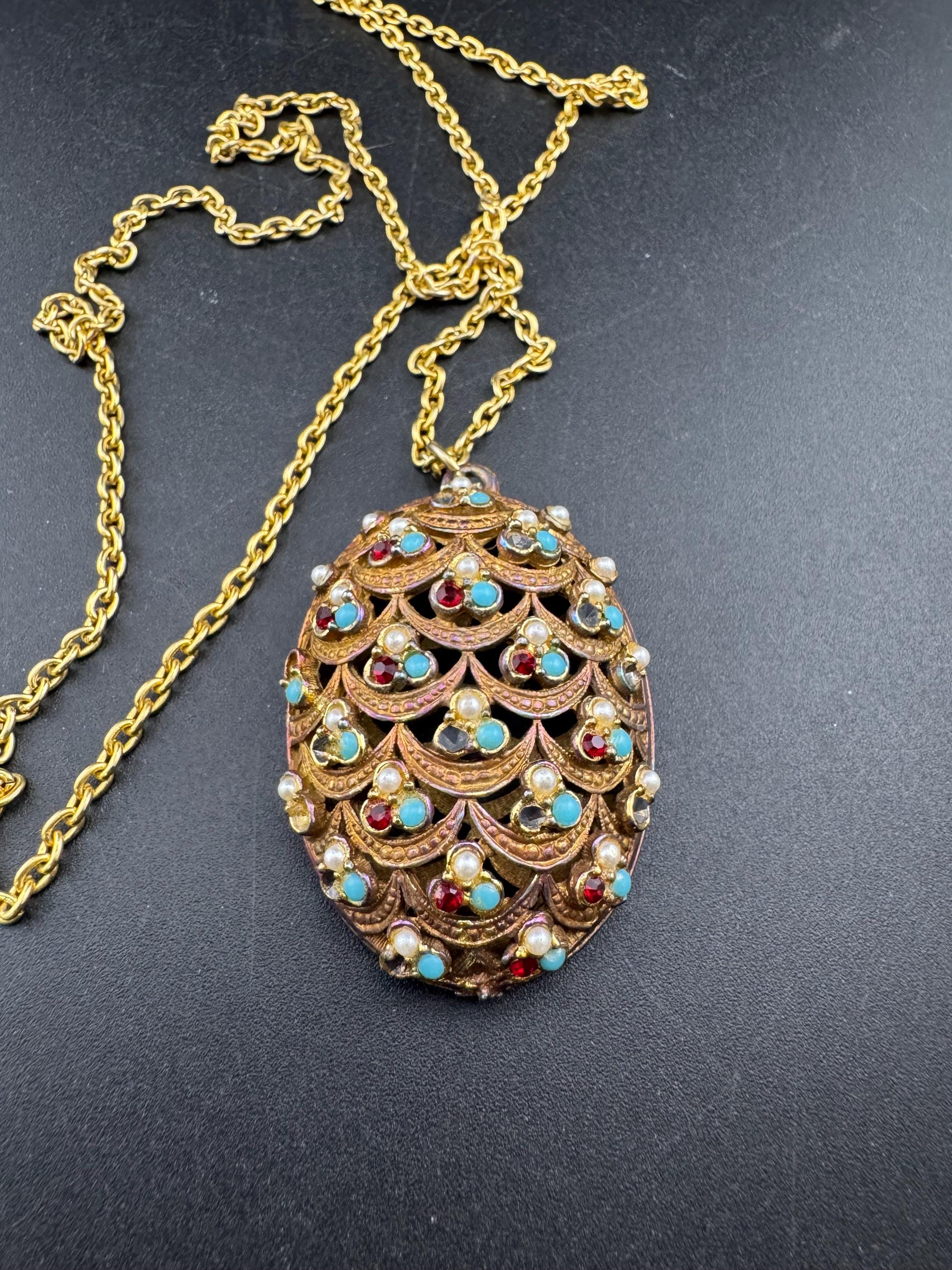 Vintage Garnet turquoise paste  Diamanté seed pearl ornate oval pendant, gold tone as found