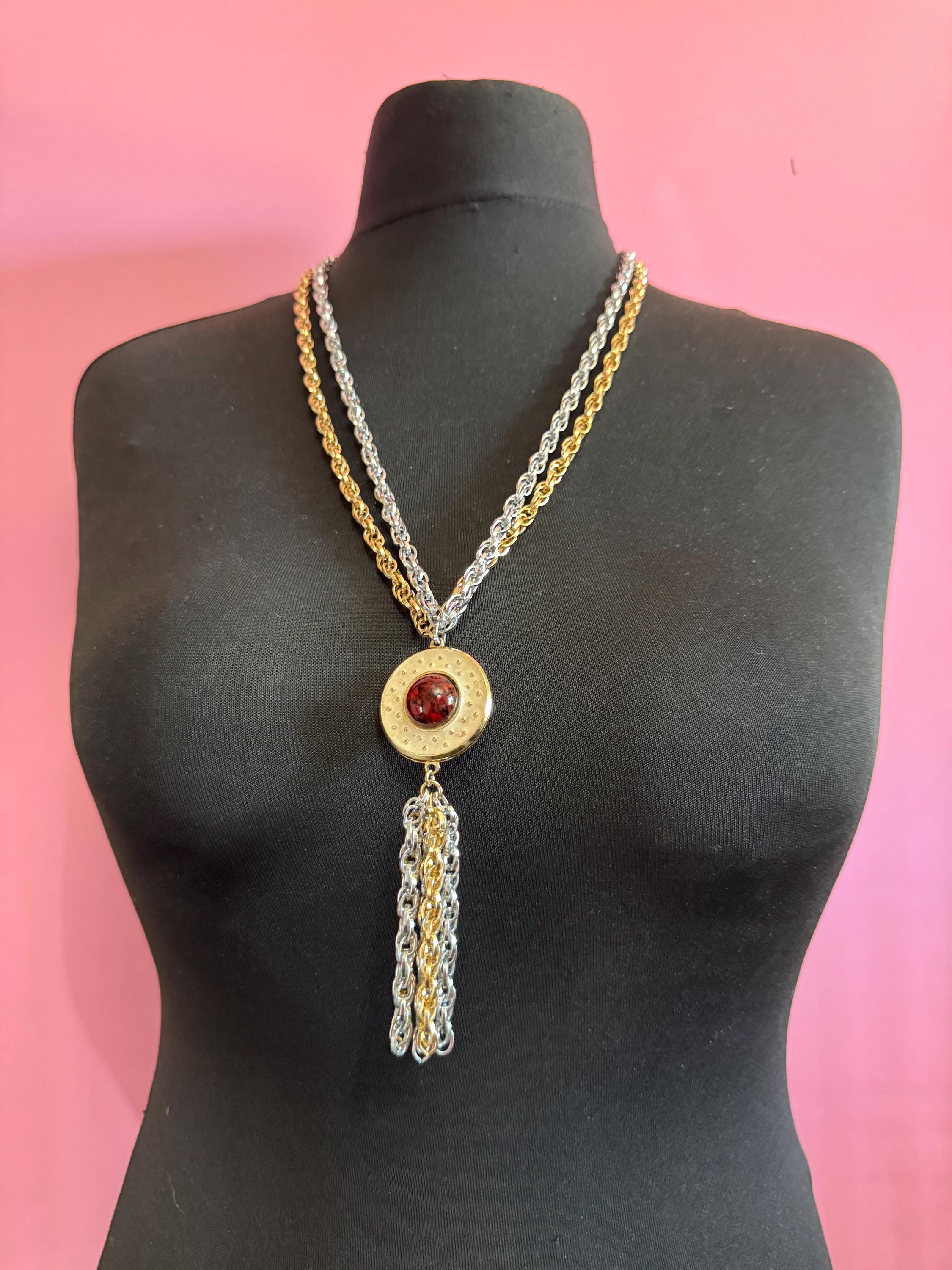 vintage Modernist brown glass orb pendant necklace on a gold and silver chunky Eloxal chain