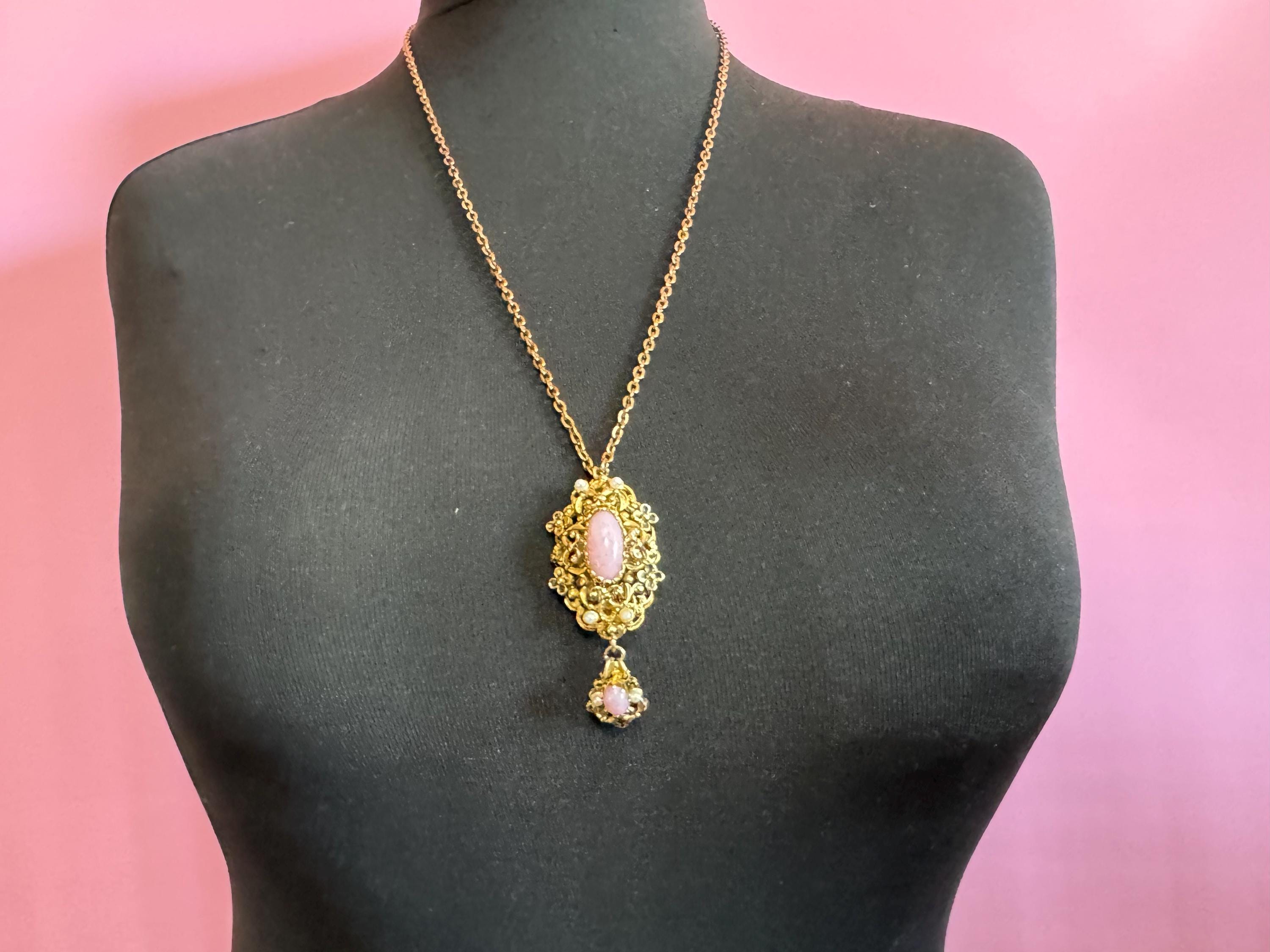 Vintage Czech pink filigree Pendant Necklace, Faux Pearl & glass opaline Cabochon
