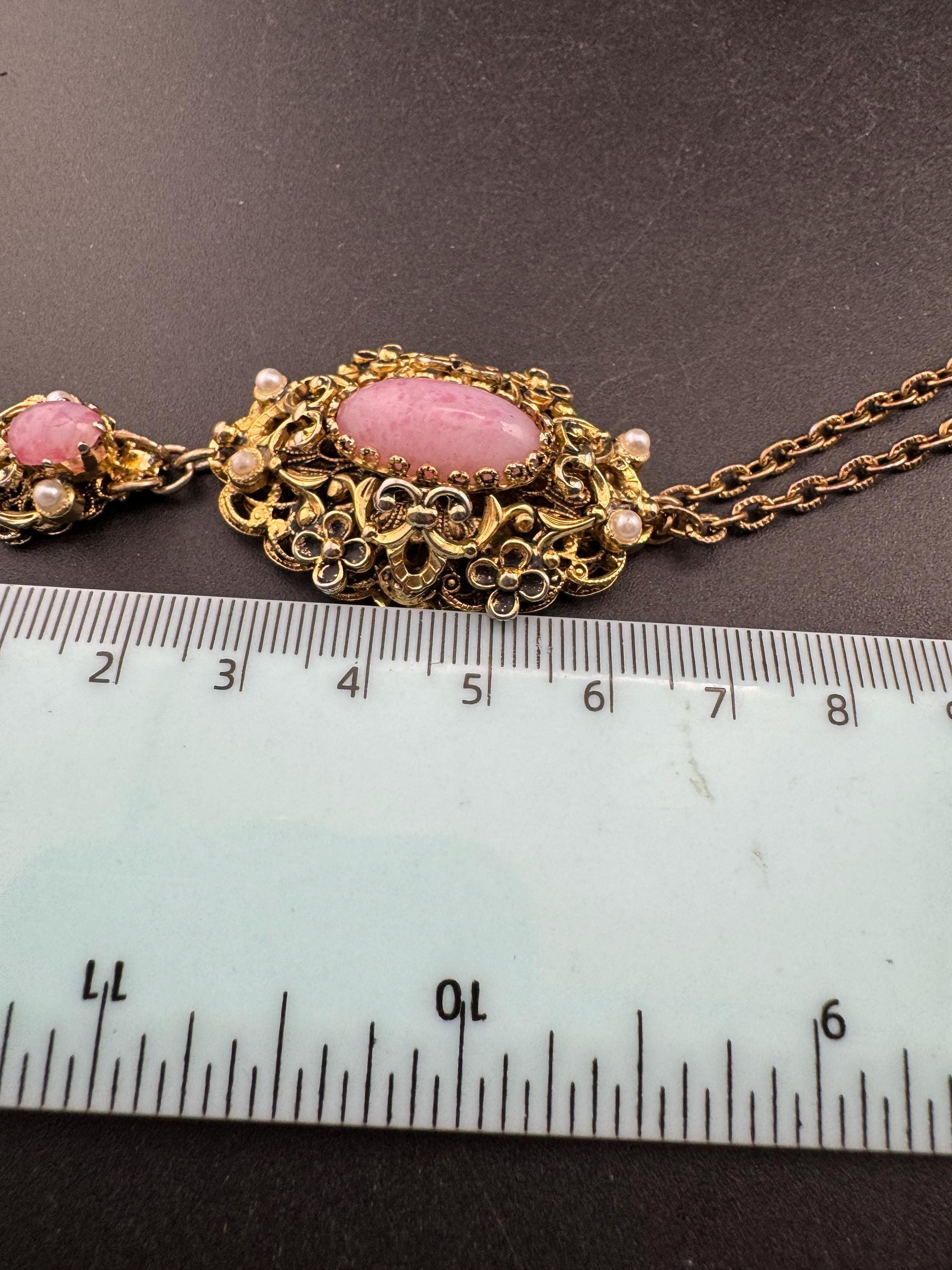 Vintage Czech pink filigree Pendant Necklace, Faux Pearl & glass opaline Cabochon