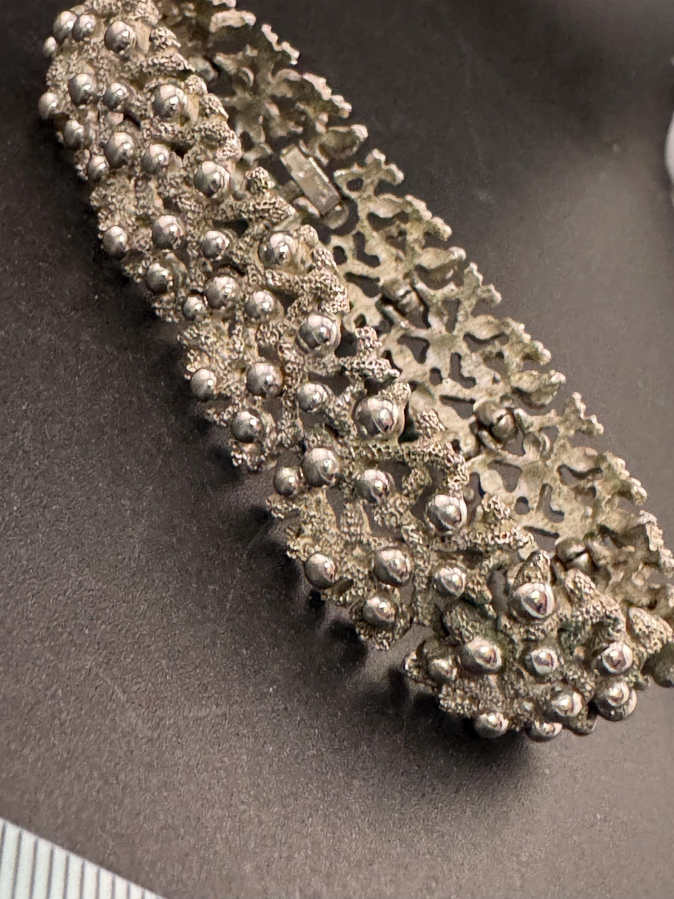Brutalist ball beaded panel link bracelet 18.5cm , silver tone 1970s