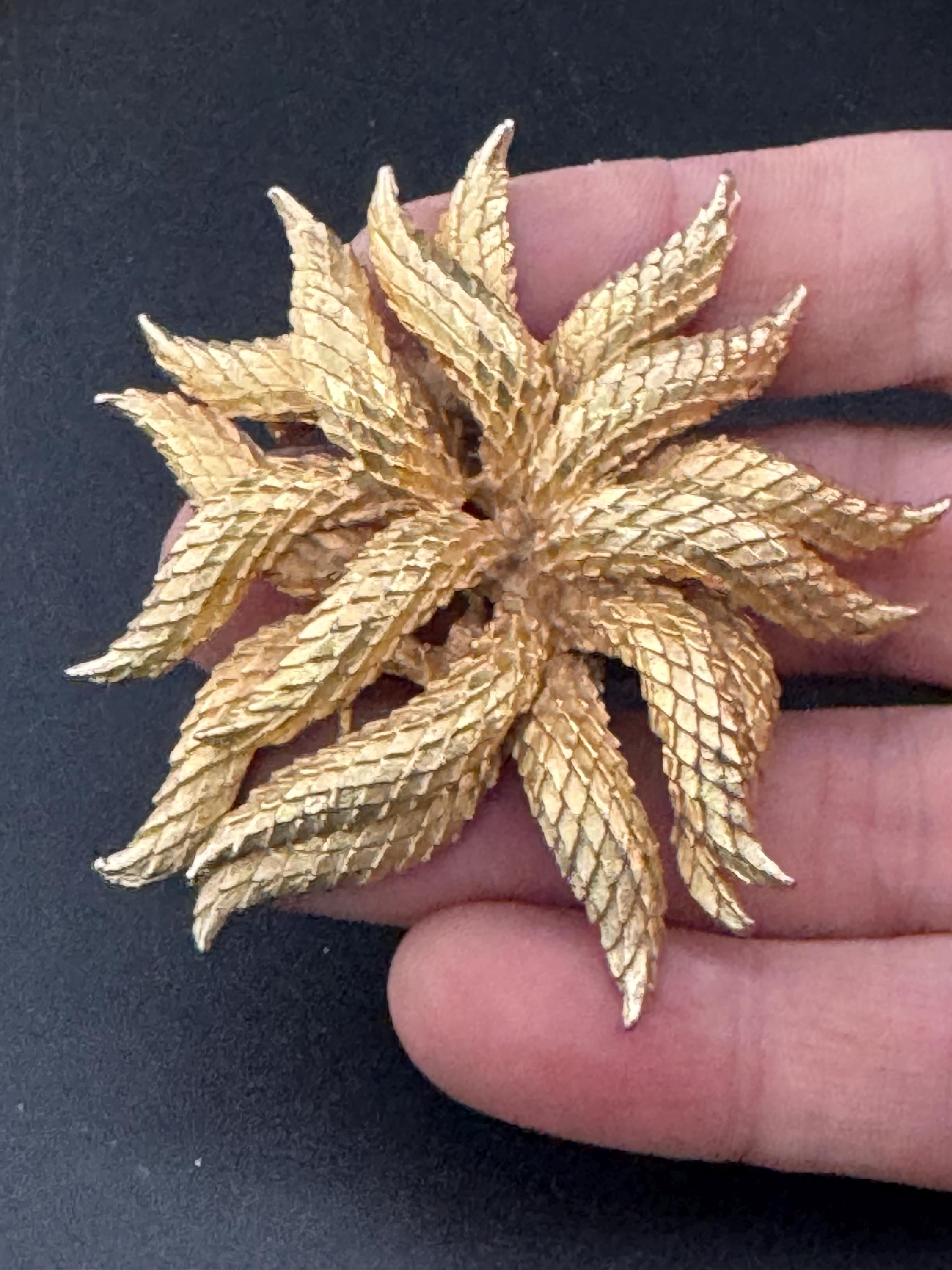 vintage abstract brutalist leaf brooch, gold tone 1970s