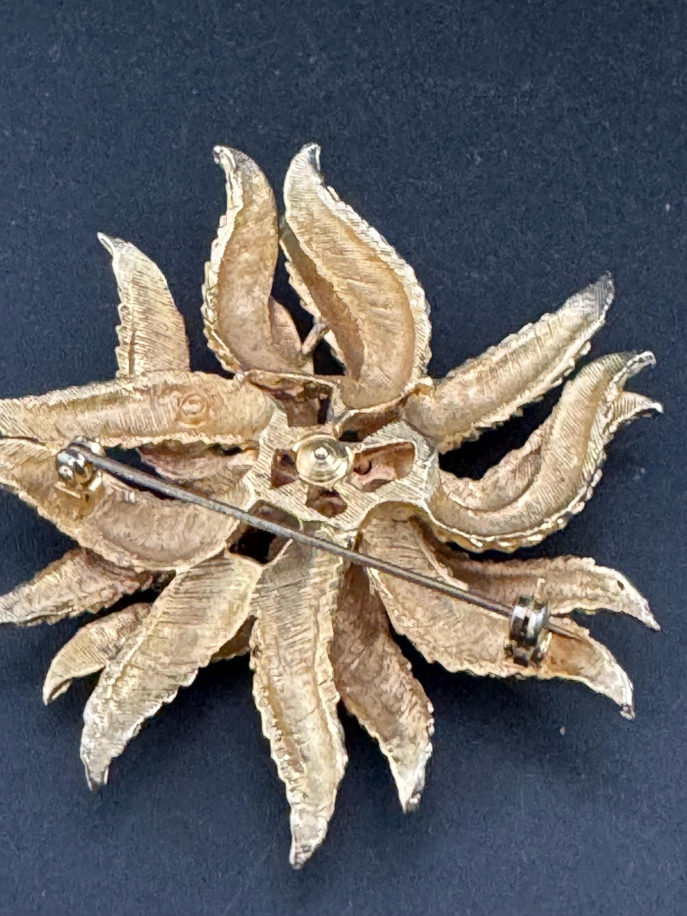 vintage abstract brutalist leaf brooch, gold tone 1970s