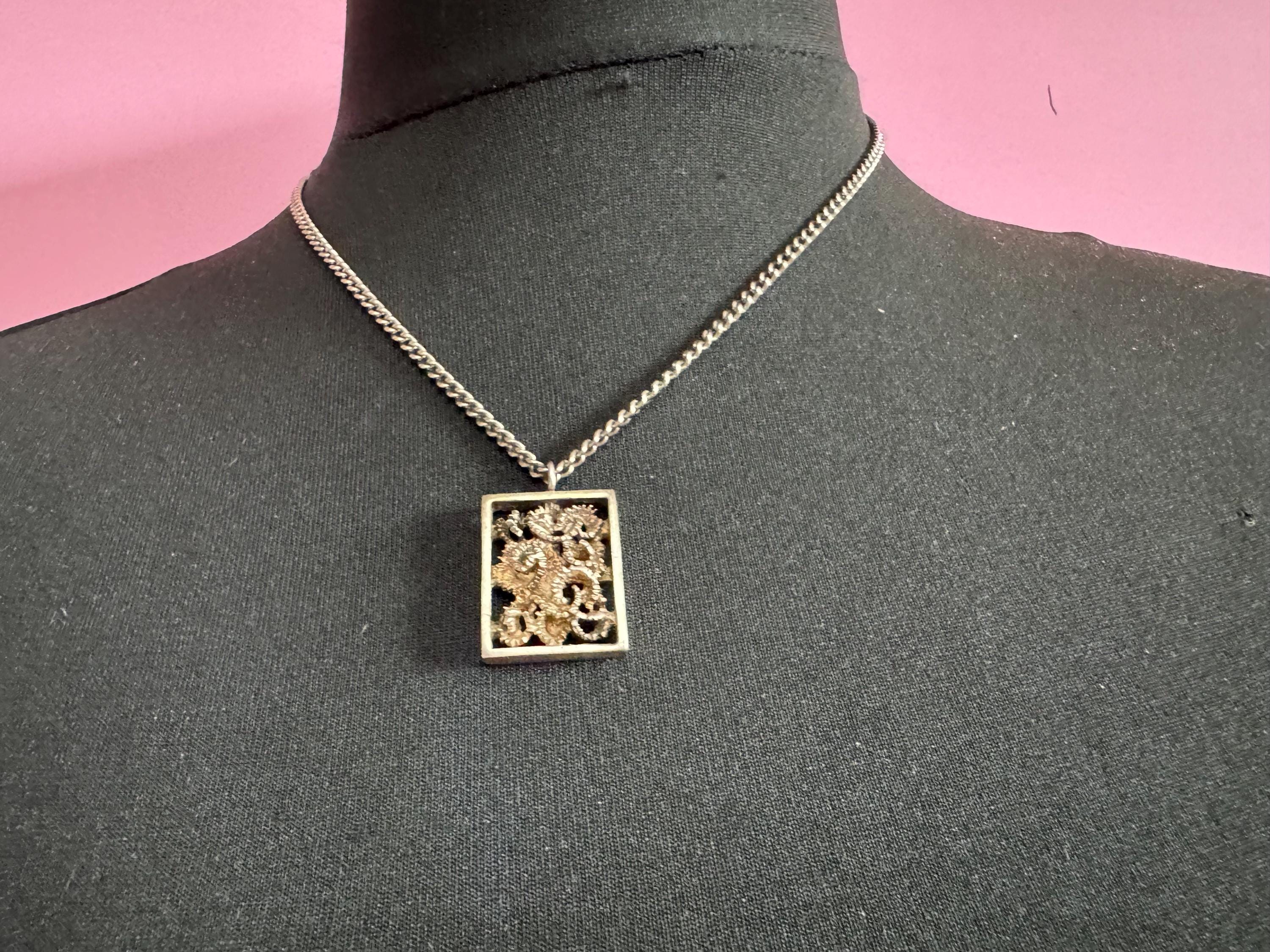 Vintage steel brutalist rectangular pendant necklace