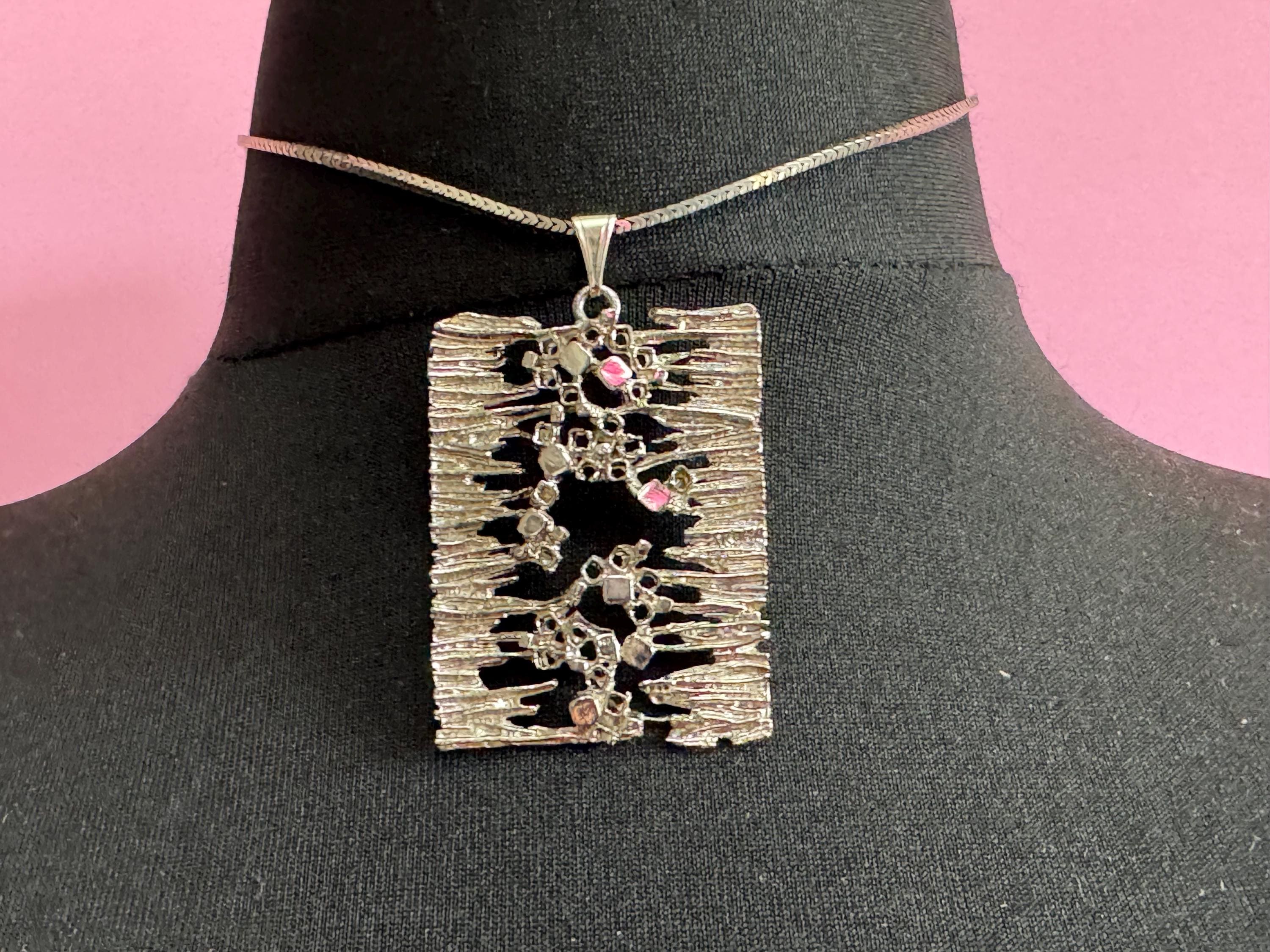 Vintage steel brutalist rectangular pendant necklace