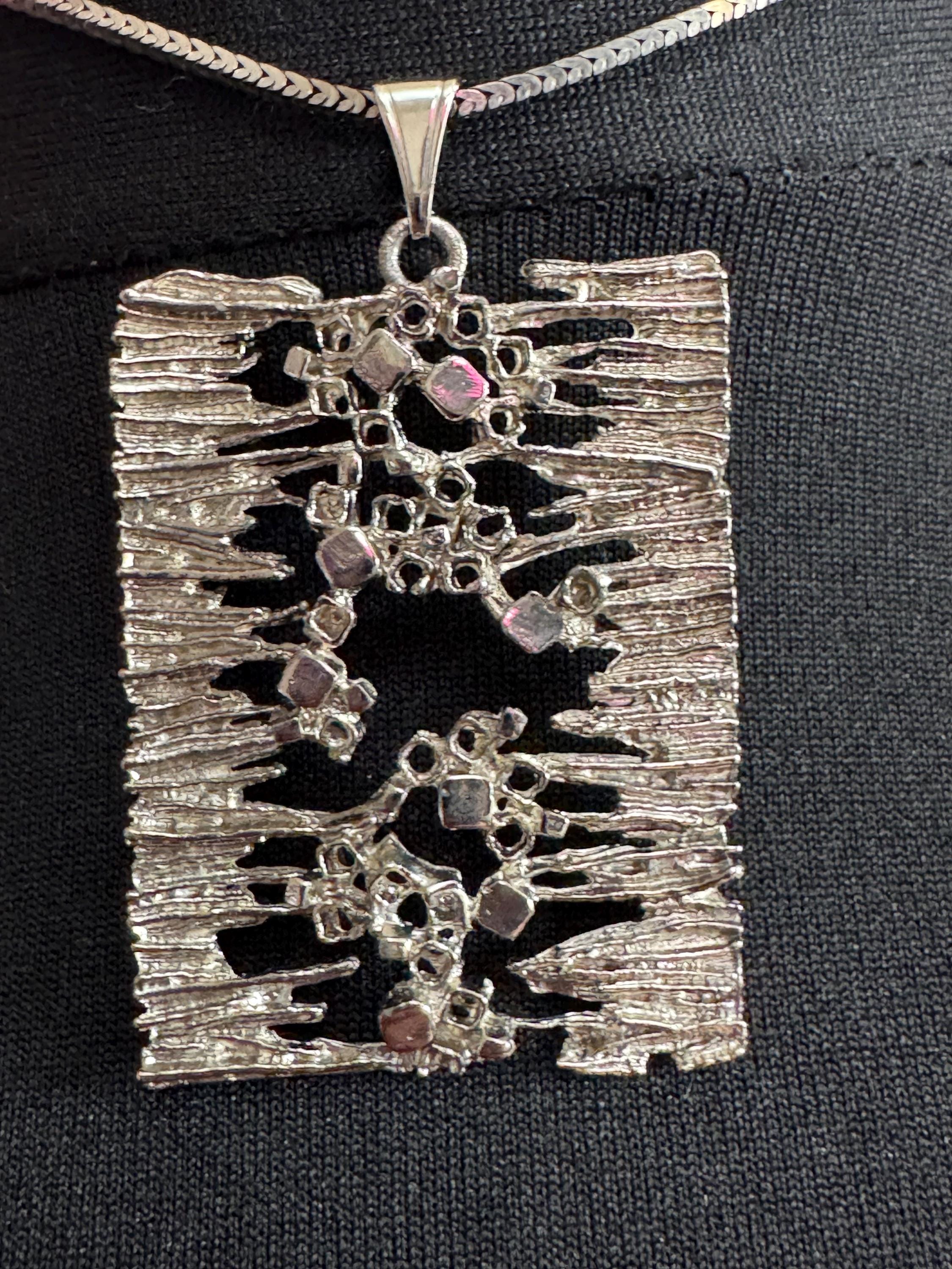 Vintage steel brutalist rectangular pendant necklace