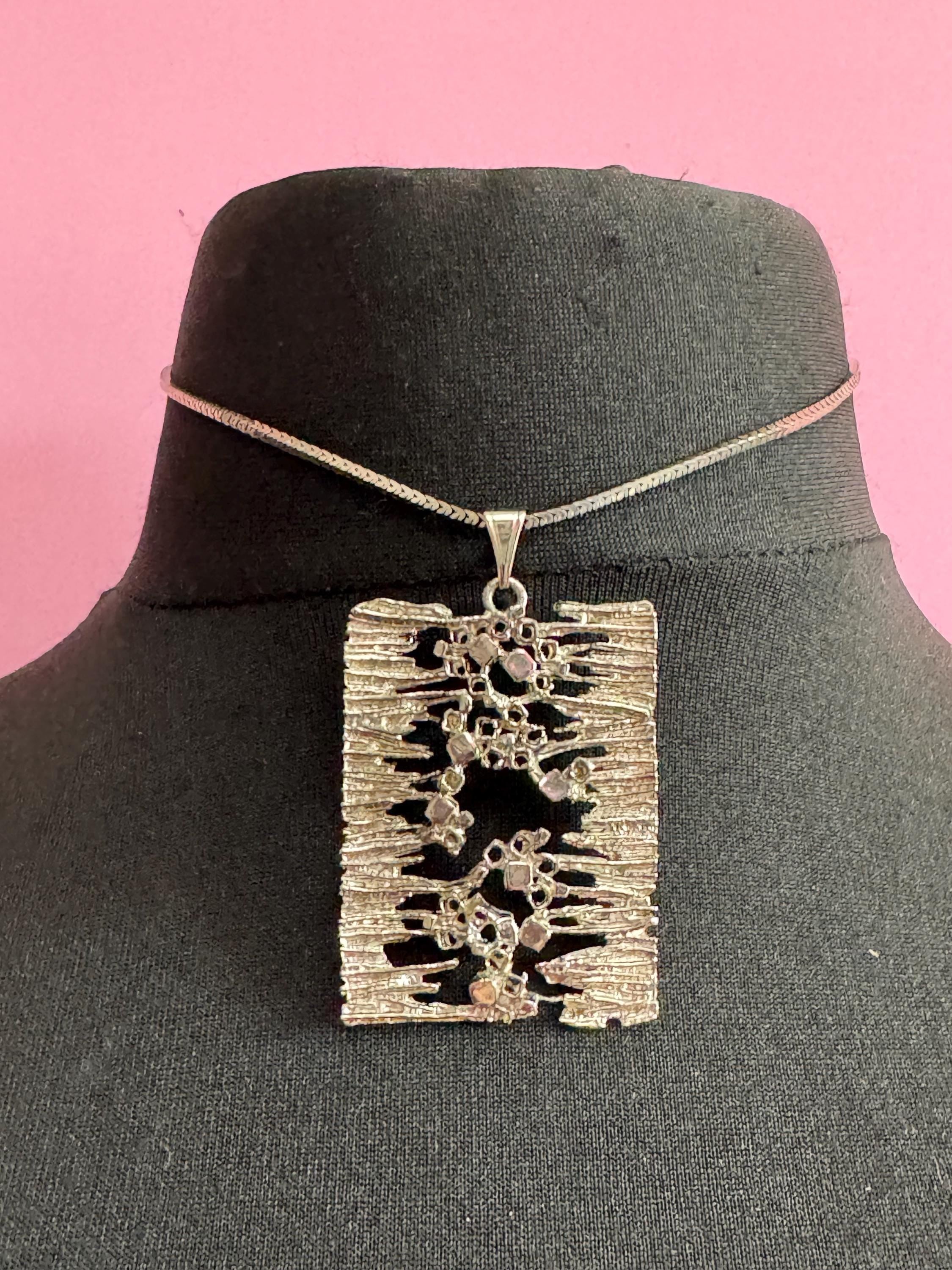 Vintage steel brutalist rectangular pendant necklace