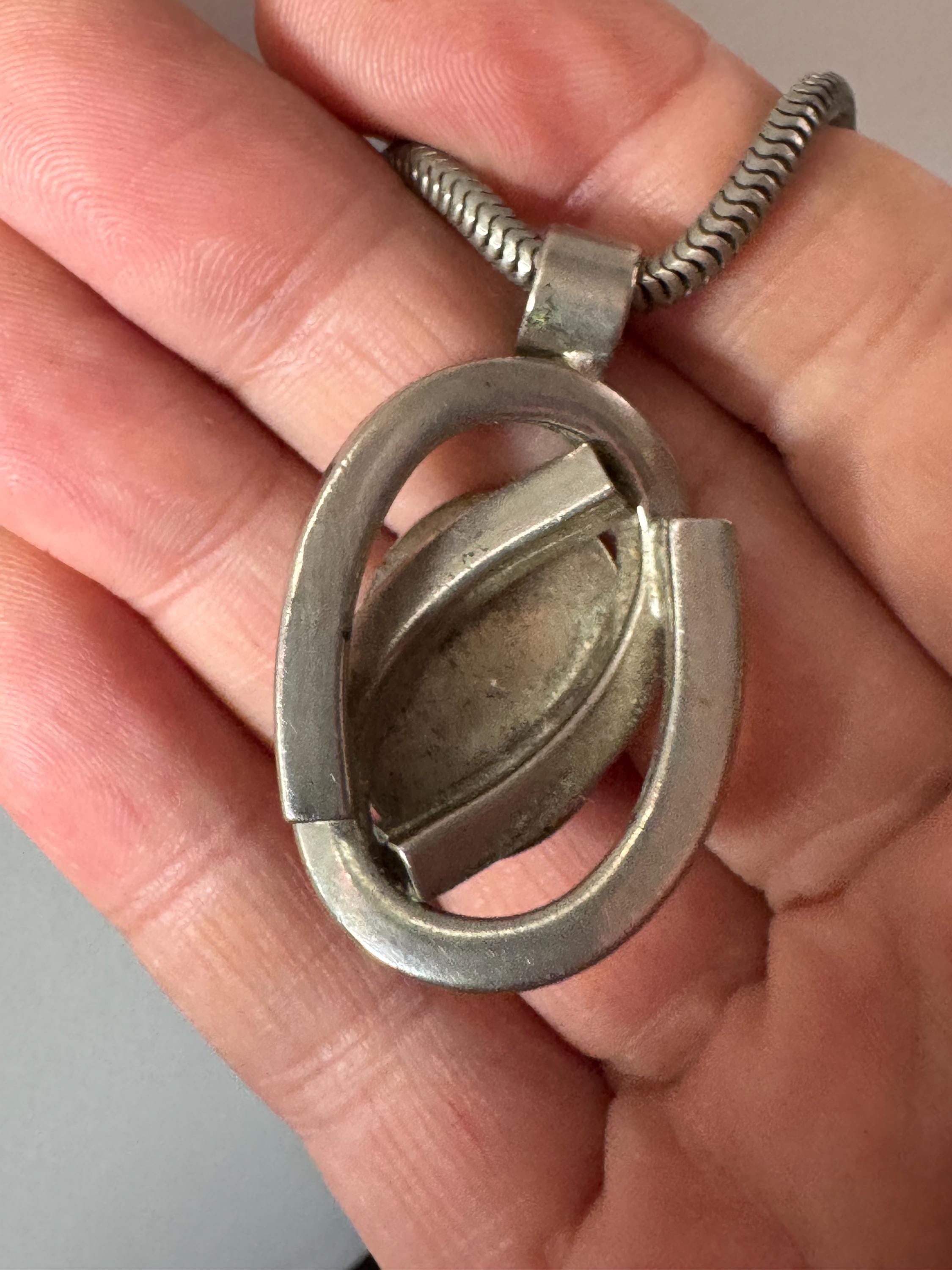Vintage 1970s pink cabochon modernist chrome pendant necklace