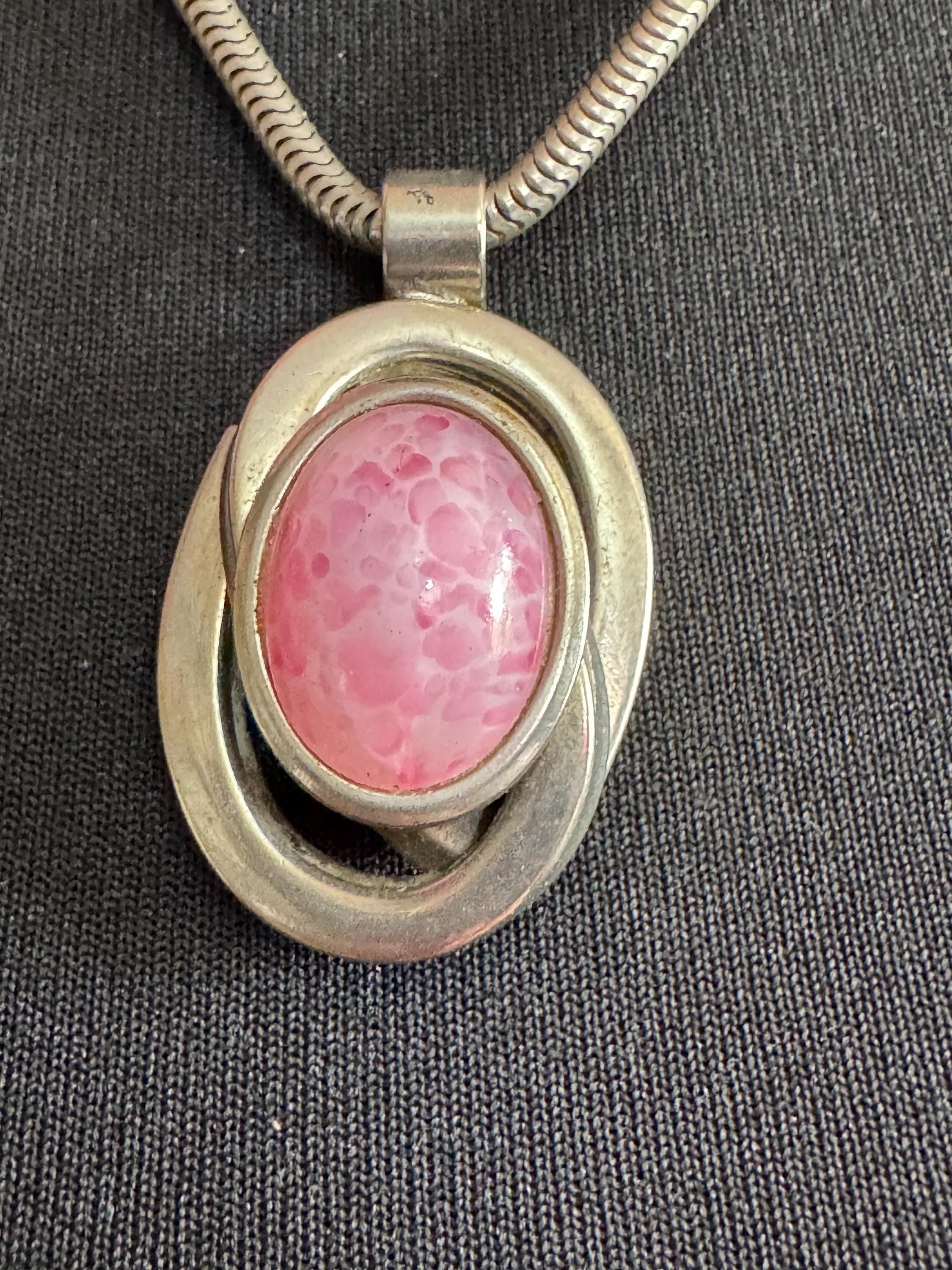 Vintage 1970s pink cabochon modernist chrome pendant necklace