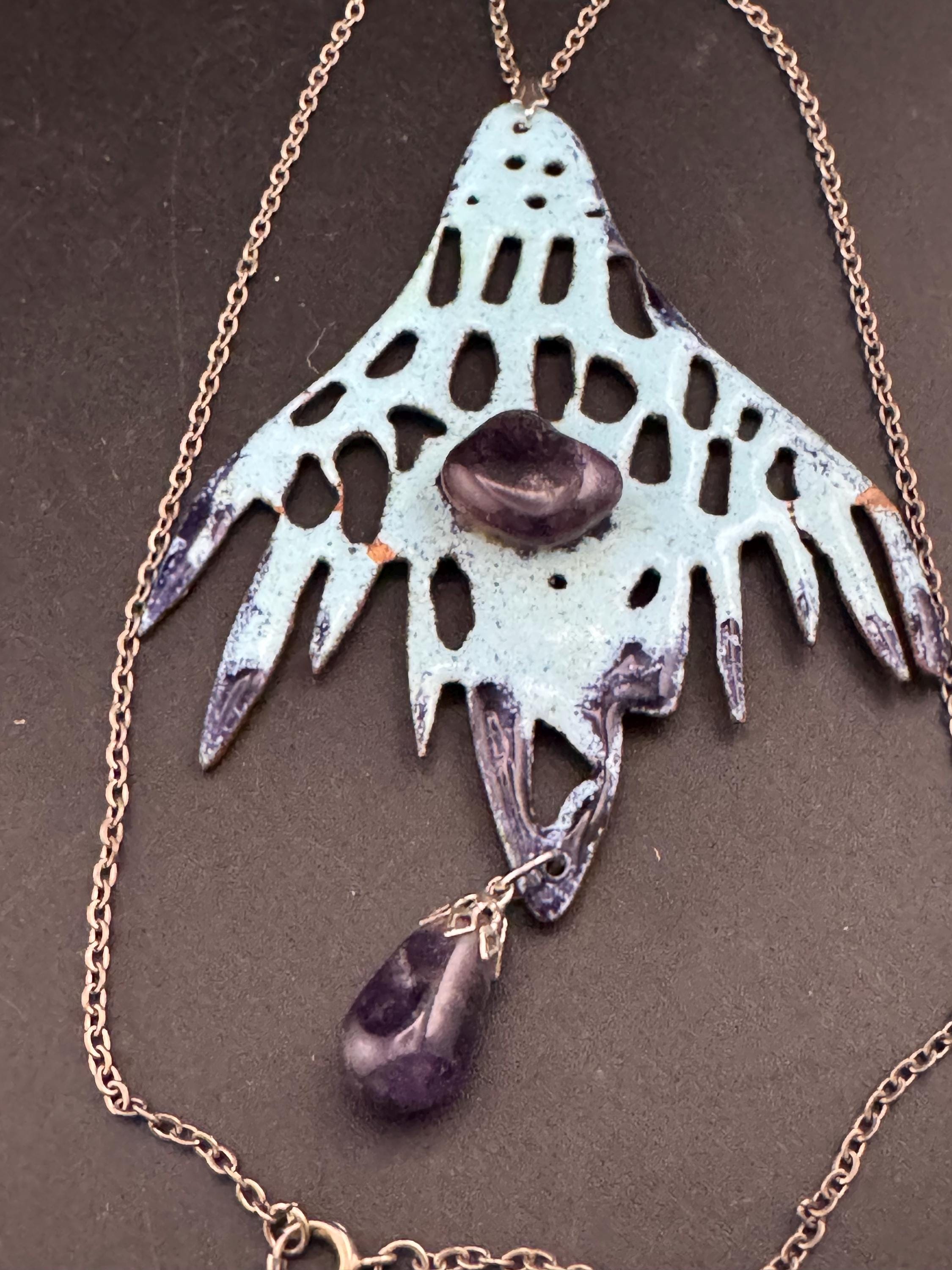 Artisan oversized turquoise blue enamel pendant necklace with amethyst gemstones 1970s