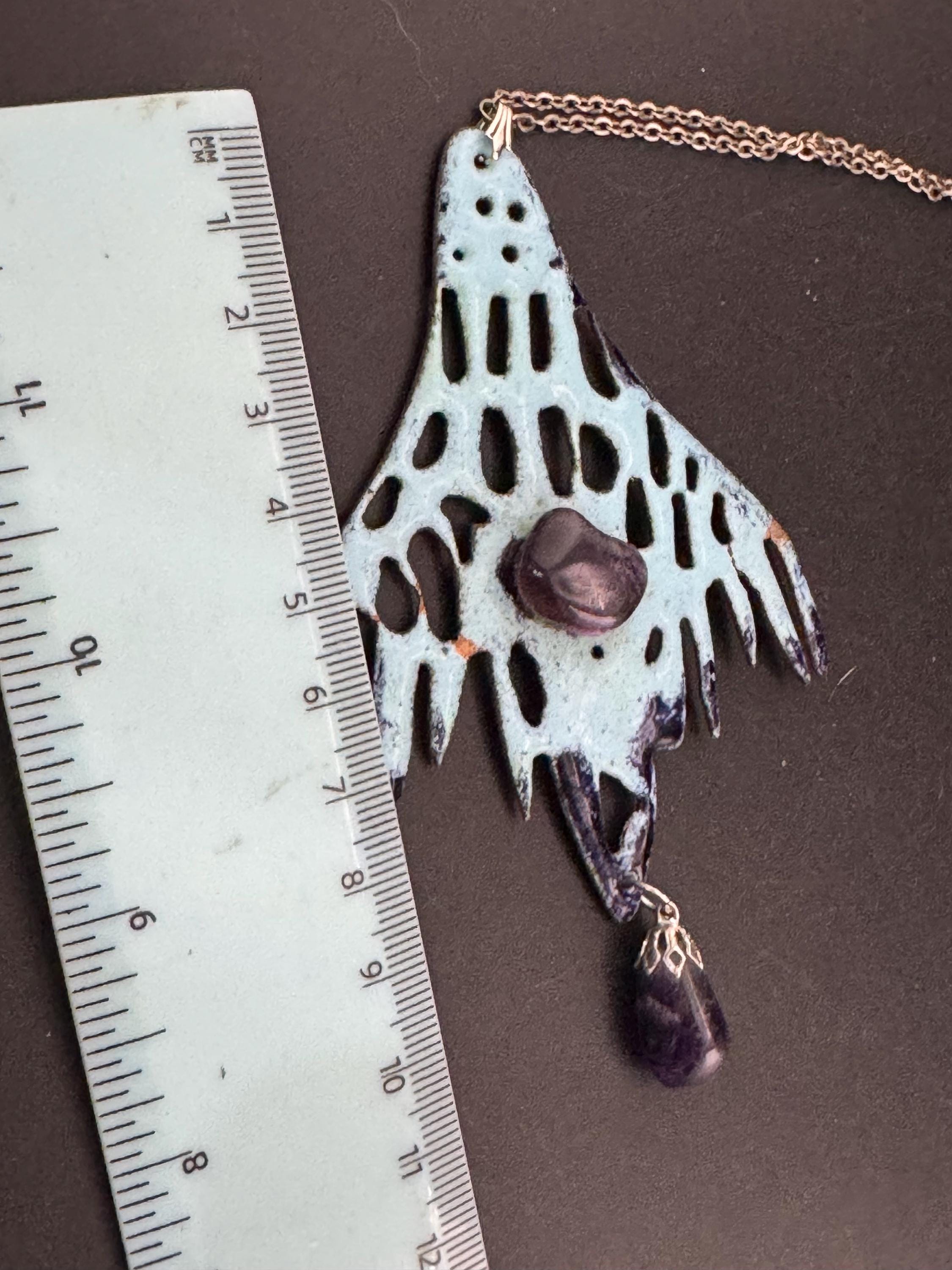 Artisan oversized turquoise blue enamel pendant necklace with amethyst gemstones 1970s