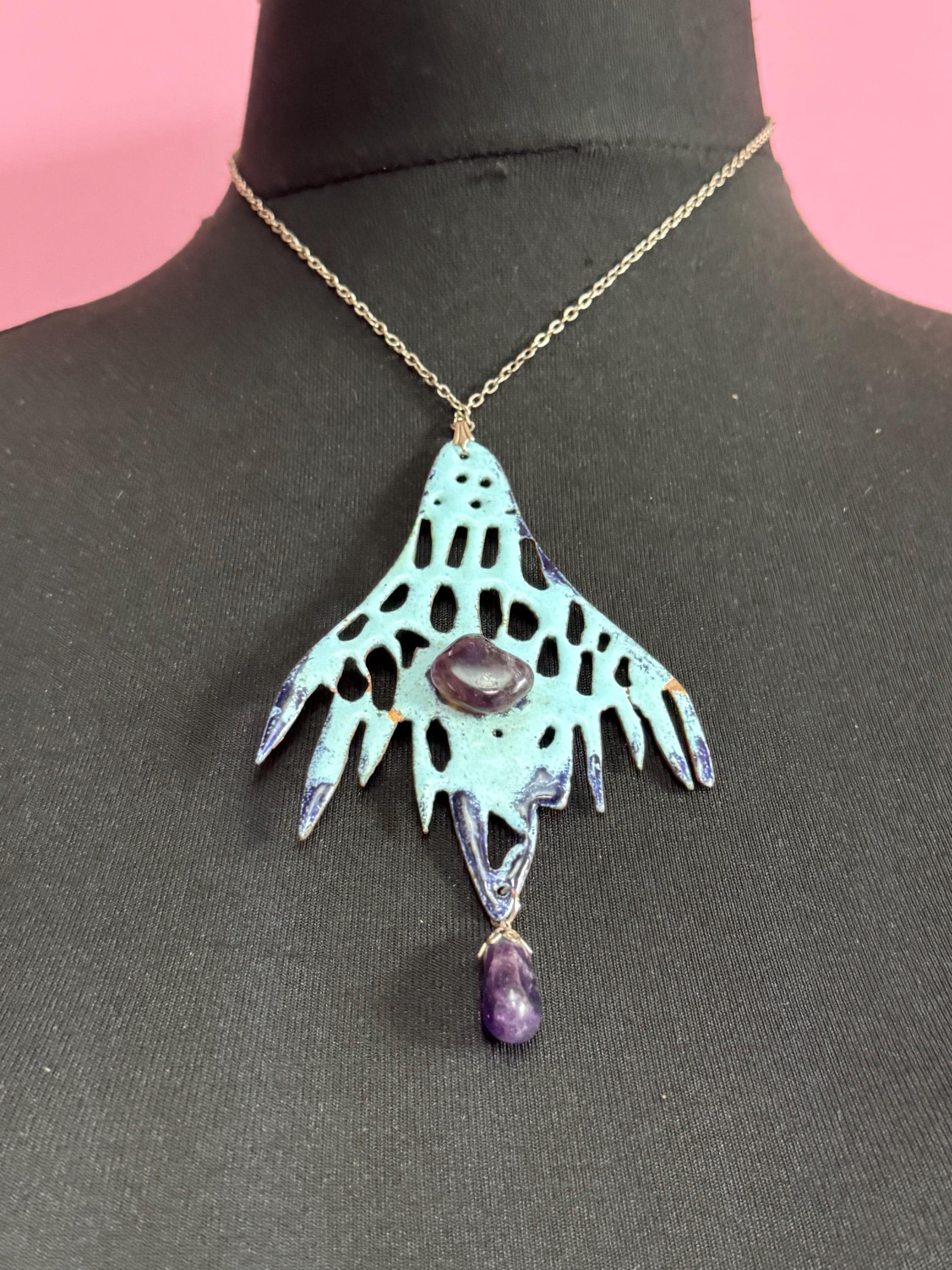 Artisan oversized turquoise blue enamel pendant necklace with amethyst gemstones 1970s
