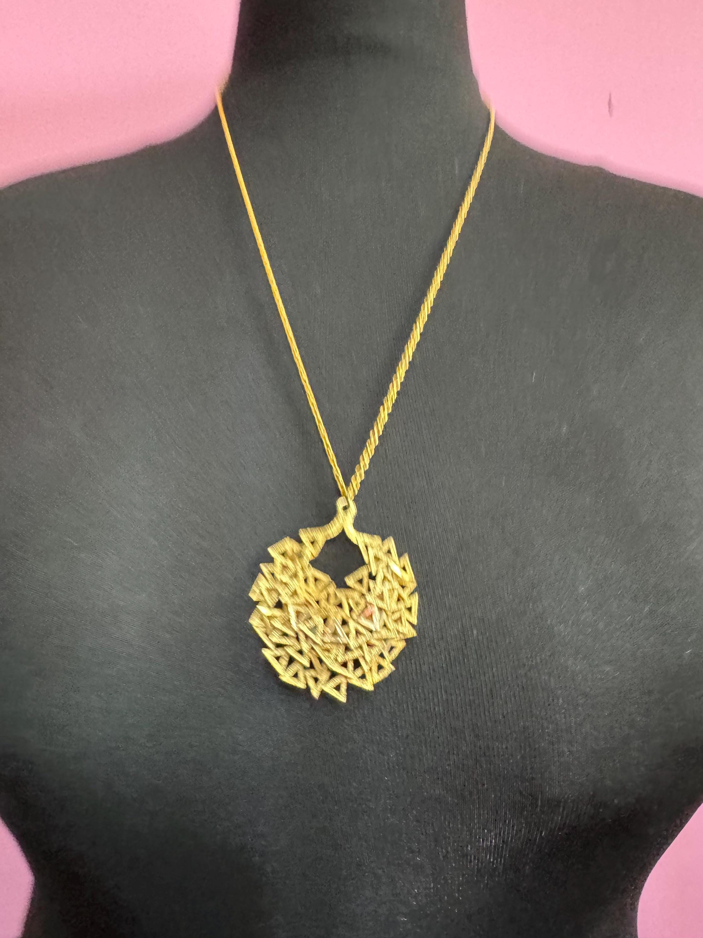 vintage geometric brutalist pendant necklace, 1970s gold tone