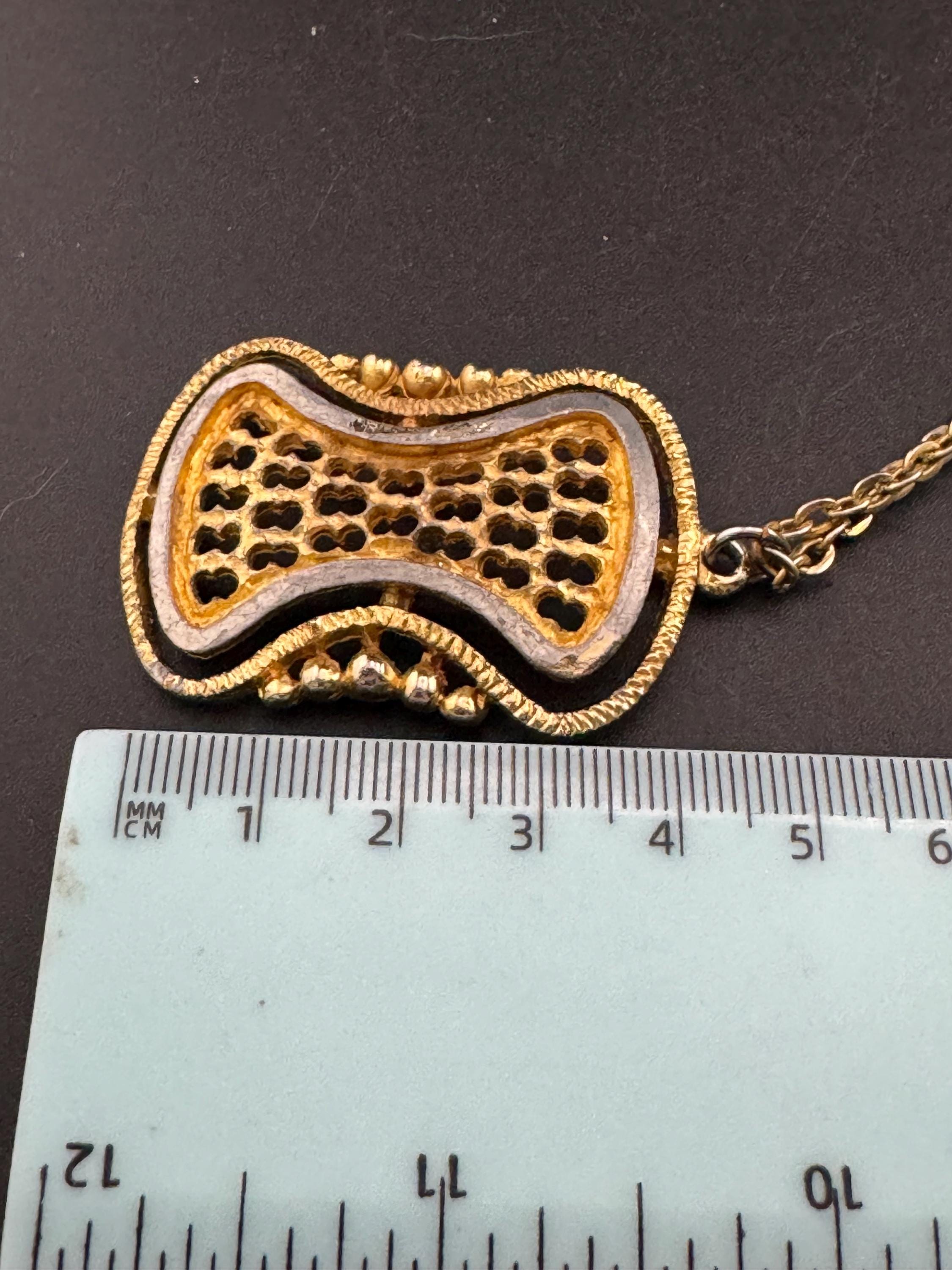 vintage geometric brutalist pendant necklace, 1970s gold and silver tone