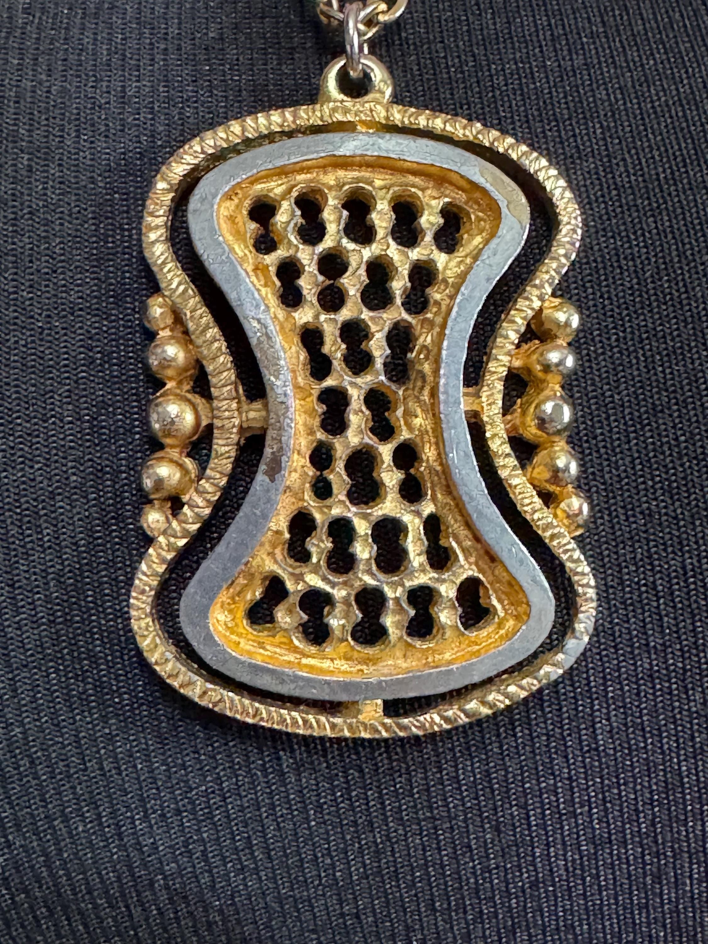 vintage geometric brutalist pendant necklace, 1970s gold and silver tone
