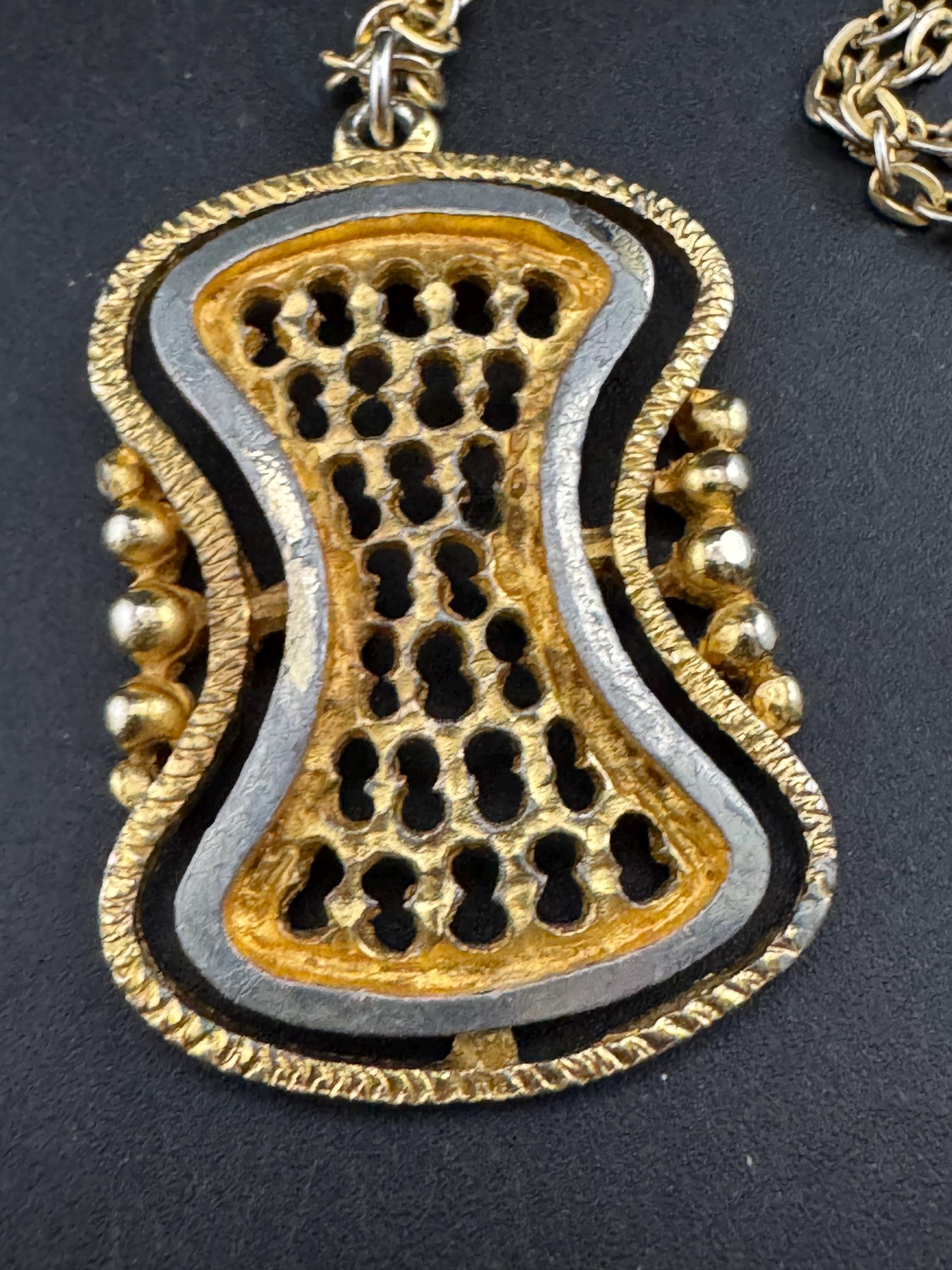 vintage geometric brutalist pendant necklace, 1970s gold and silver tone
