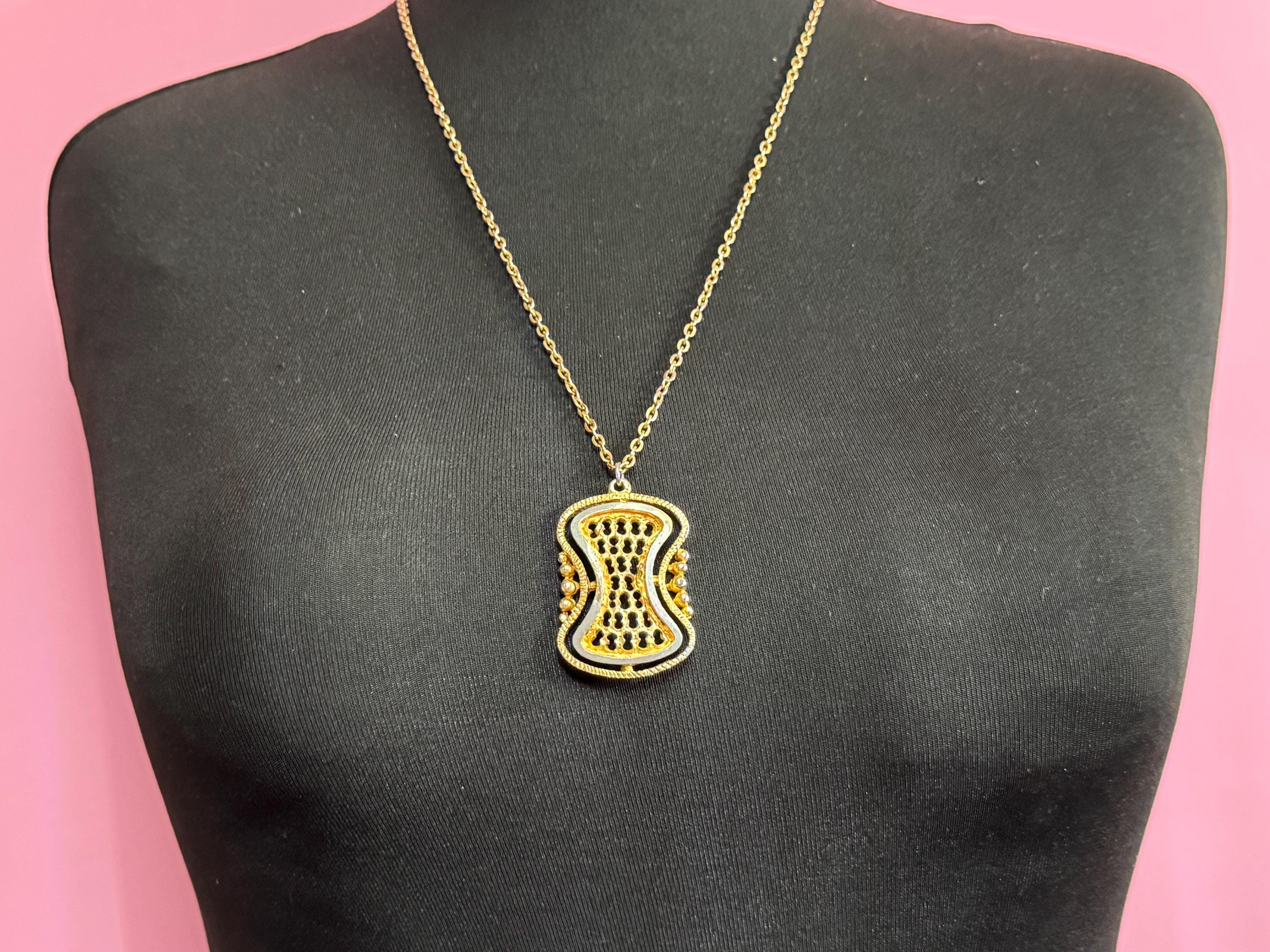 vintage geometric brutalist pendant necklace, 1970s gold and silver tone
