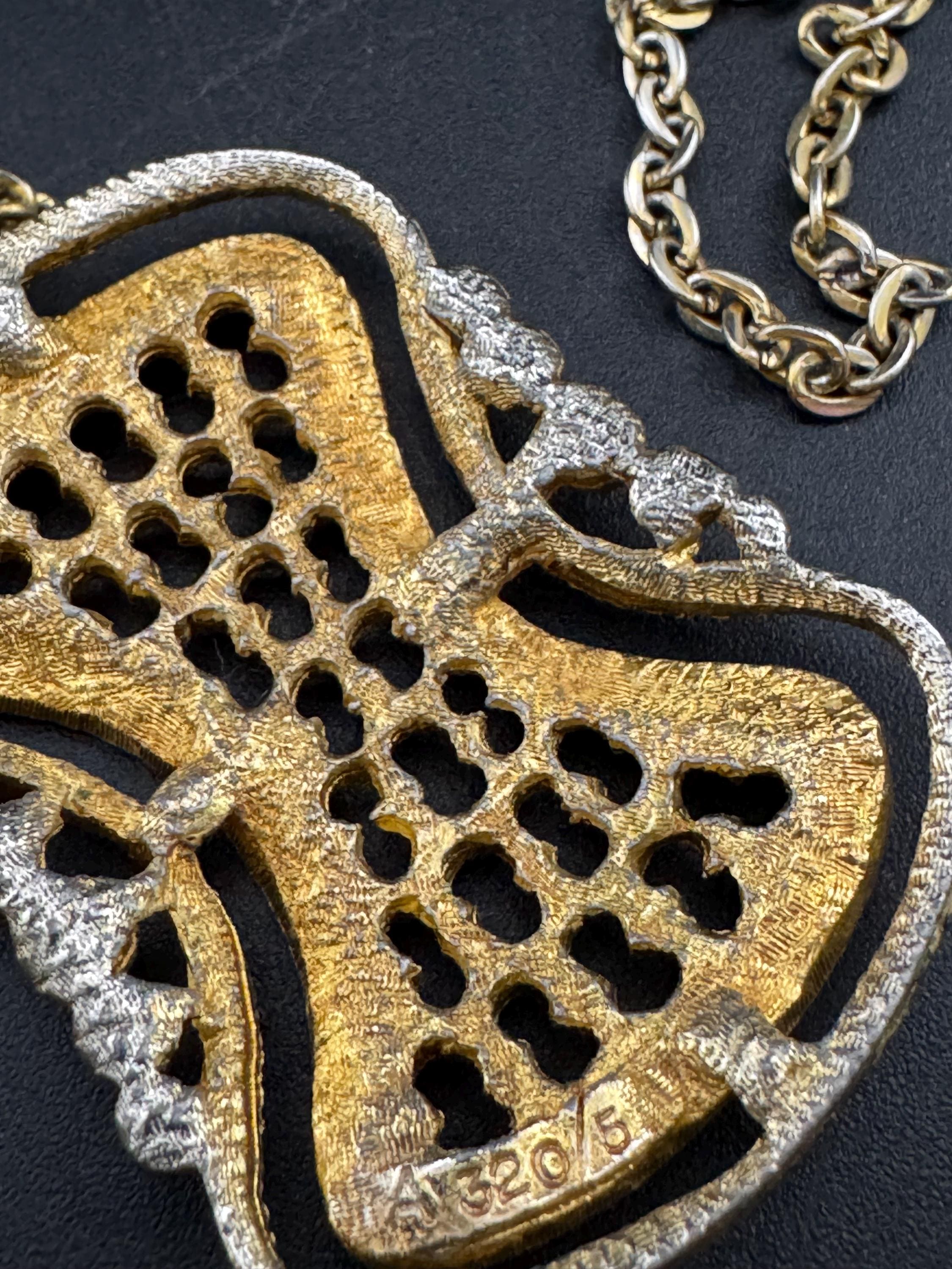 vintage geometric brutalist pendant necklace, 1970s gold and silver tone