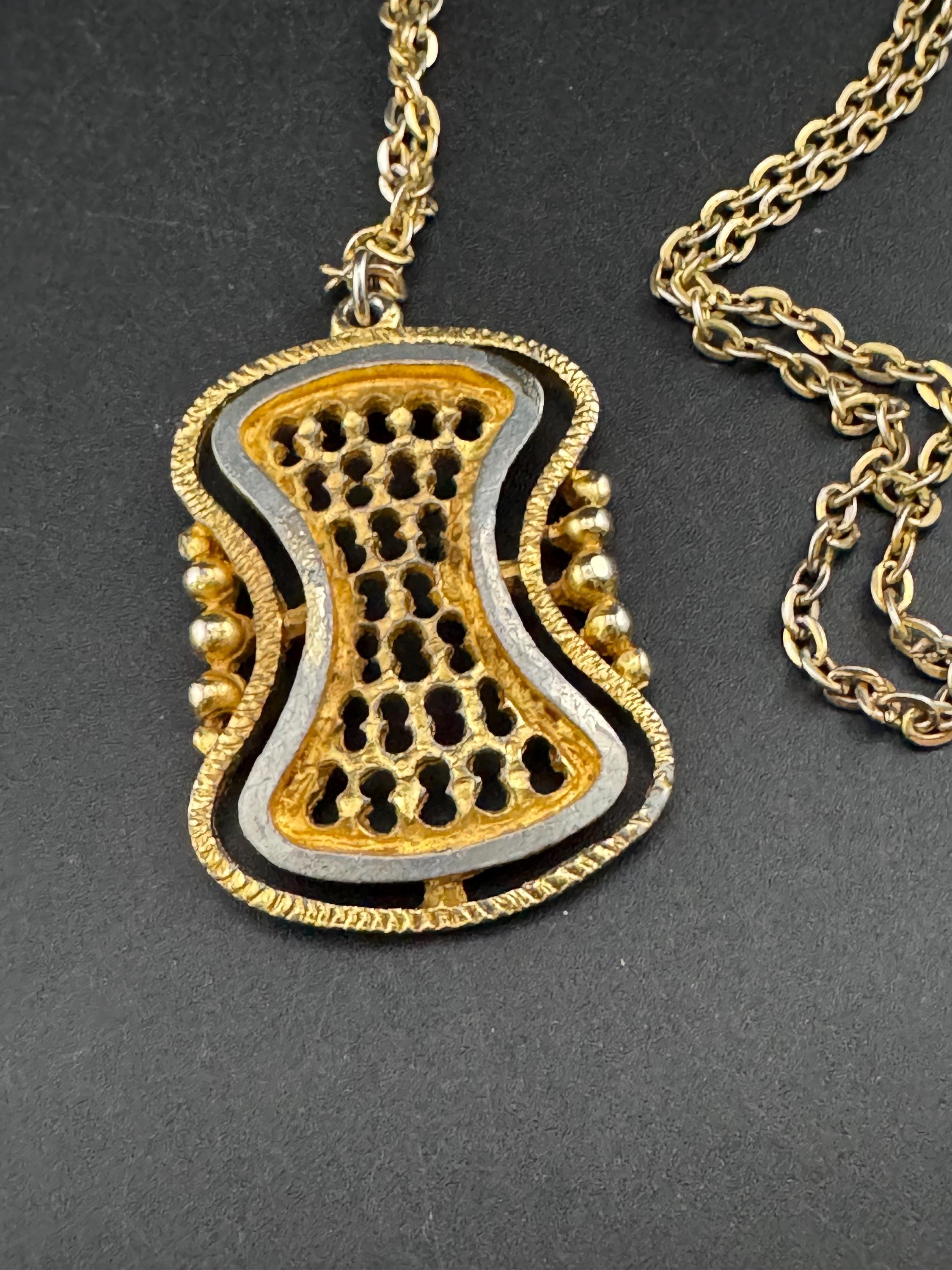 vintage geometric brutalist pendant necklace, 1970s gold and silver tone