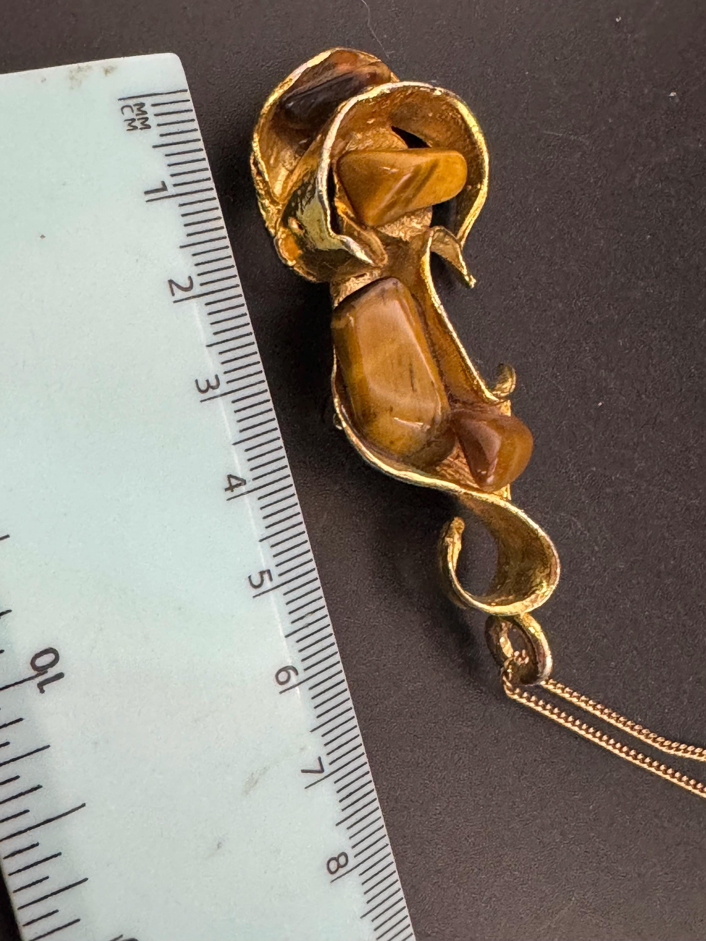 Gold tone 1970s Brutalist brown tigerseye gemstone combination pendant necklace and brooch