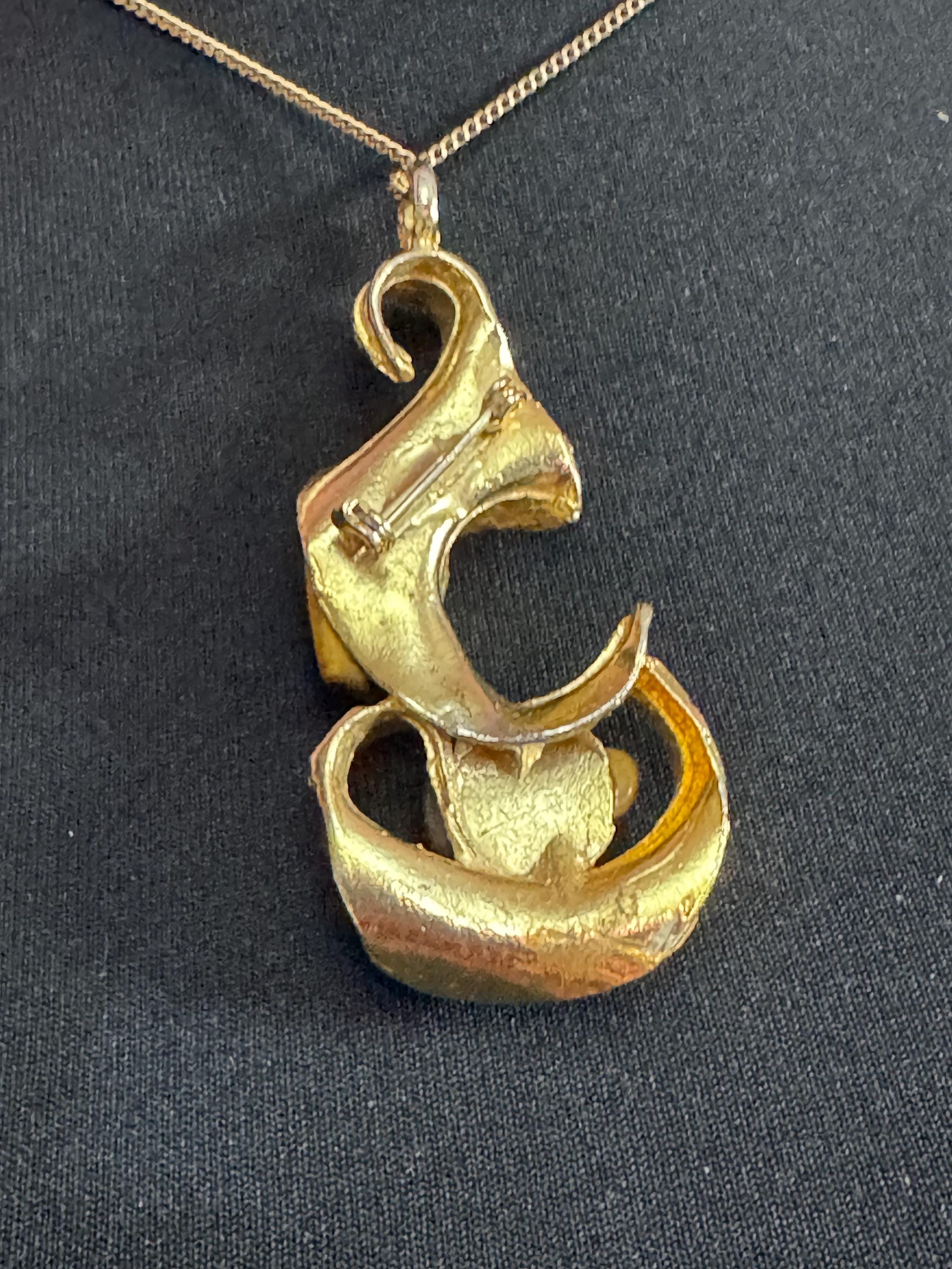 Gold tone 1970s Brutalist brown tigerseye gemstone combination pendant necklace and brooch