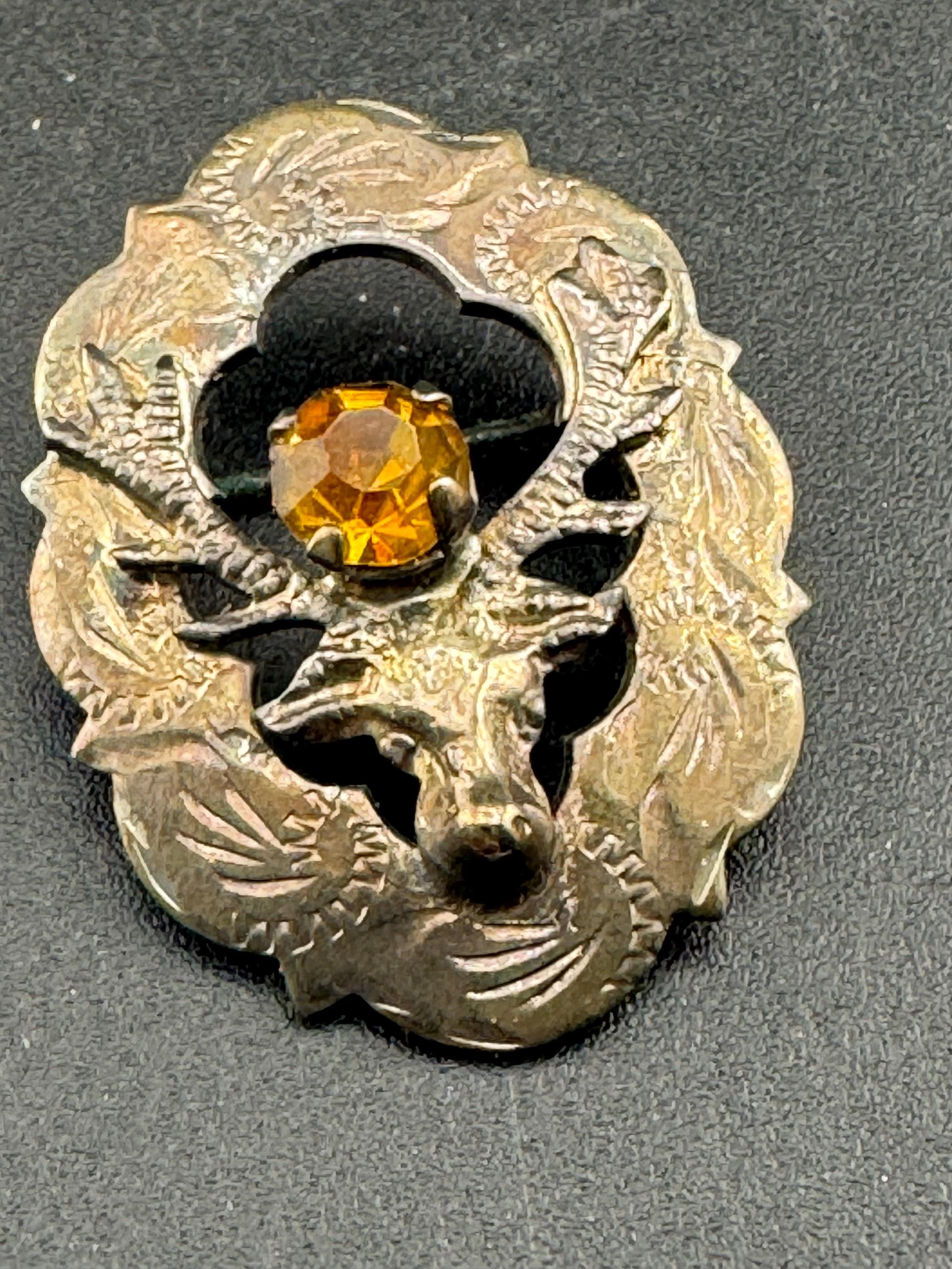 Vintage Scottish citrine glass highland stag Brooch, silver plated