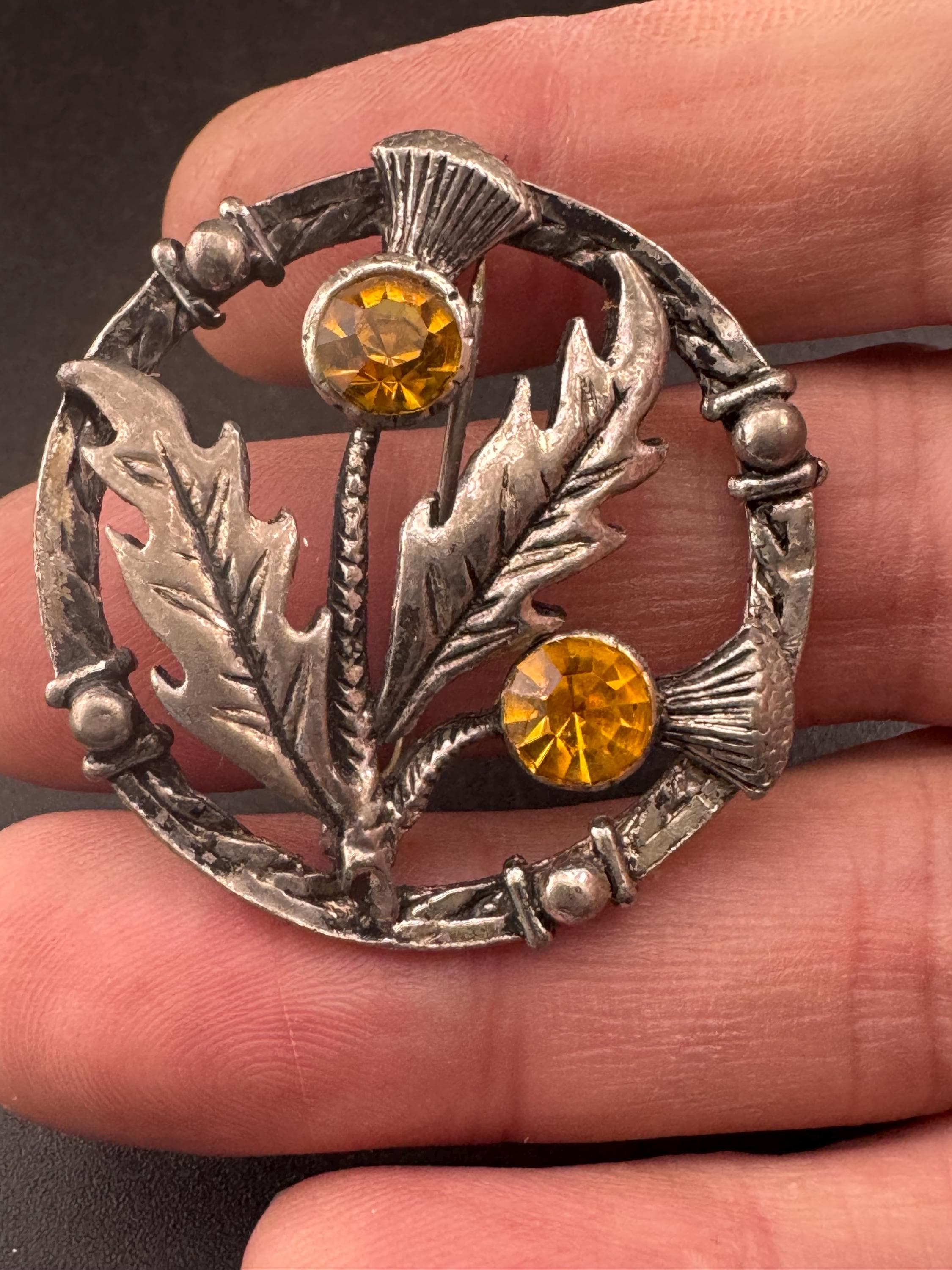 Vintage Scottish thistle brooch set with faux glass citrine, silver tone