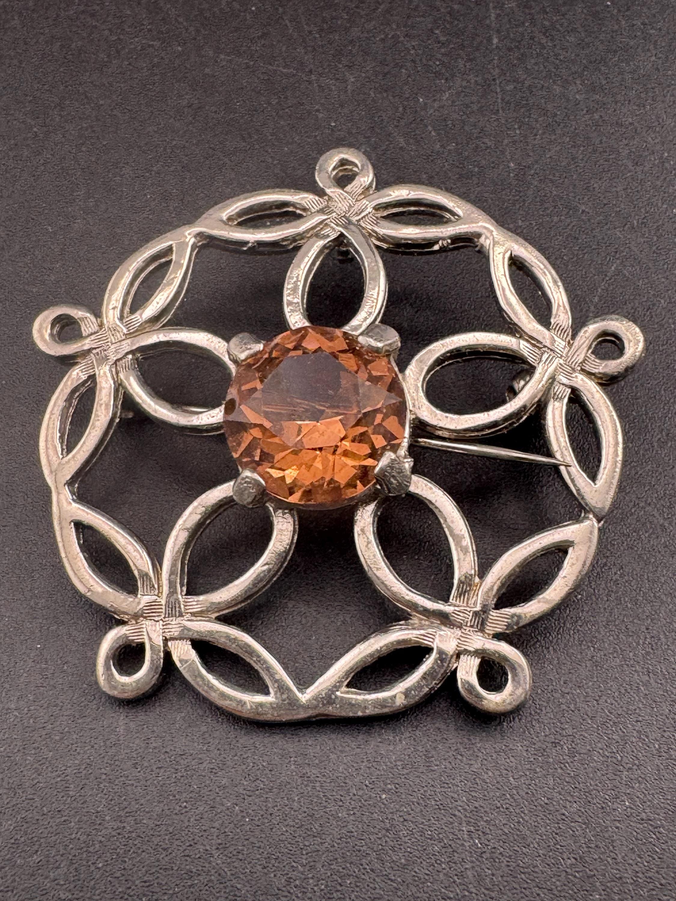 Vintage Scottish Brooch Pendant: Faux Citrine, Silver Tone, Signed JEM 74