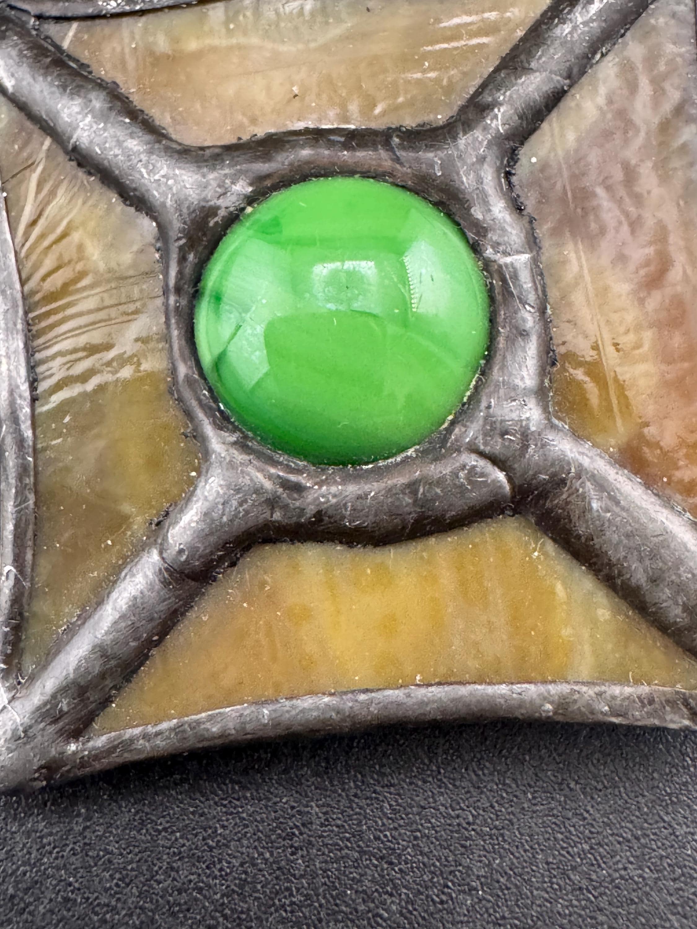 Vintage arts and crafts style pewter glass brooch, green cabochon Ruskin style
