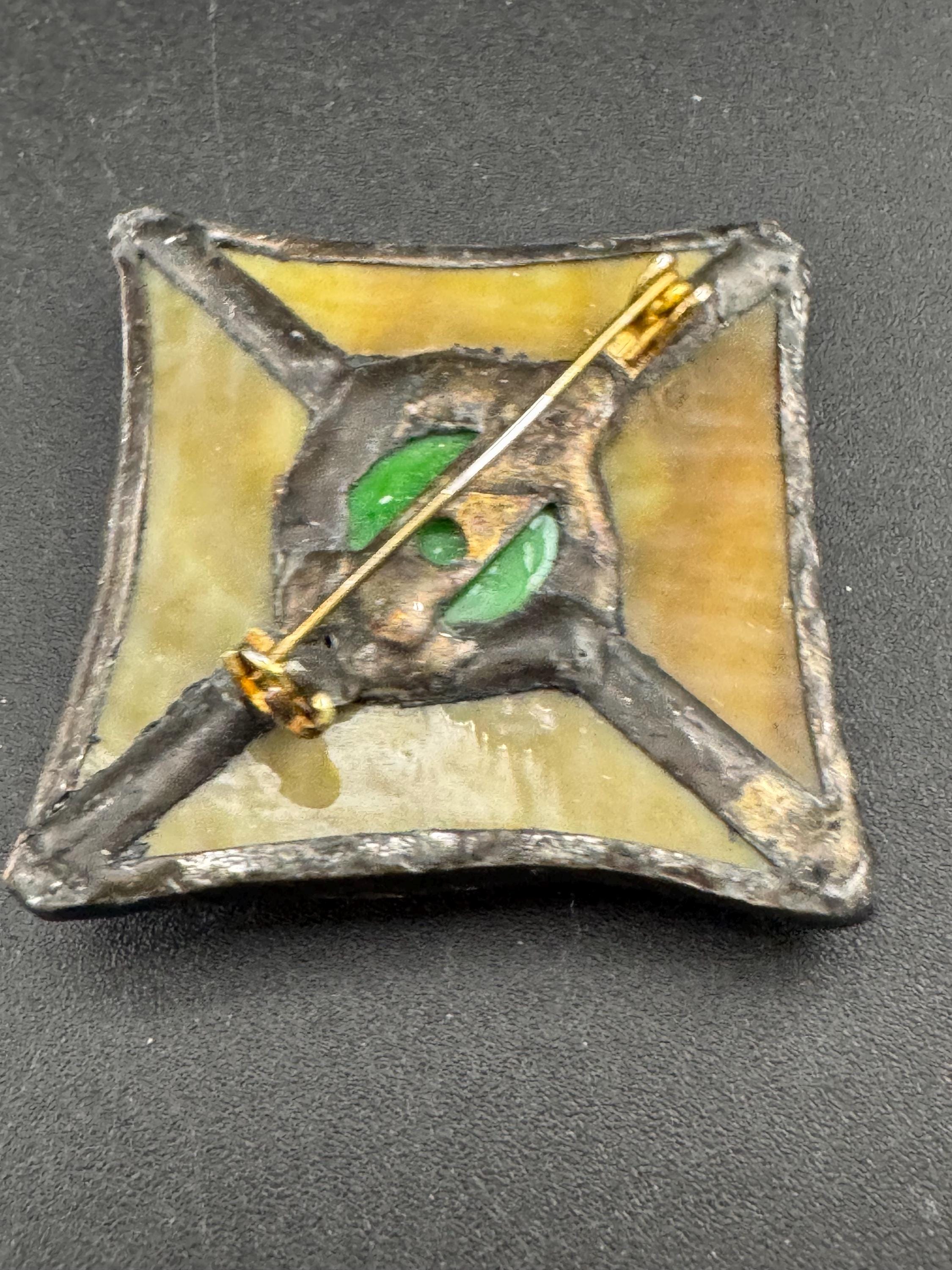 Vintage arts and crafts style pewter glass brooch, green cabochon Ruskin style