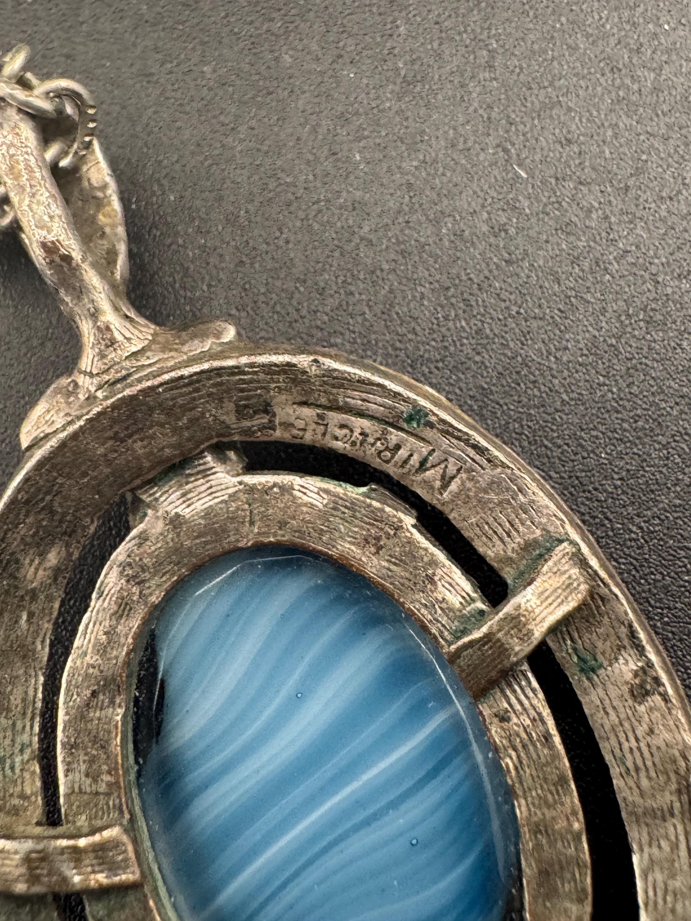 Signed Miracle blue glass pendant, Scottish Celtic necklace silver tone