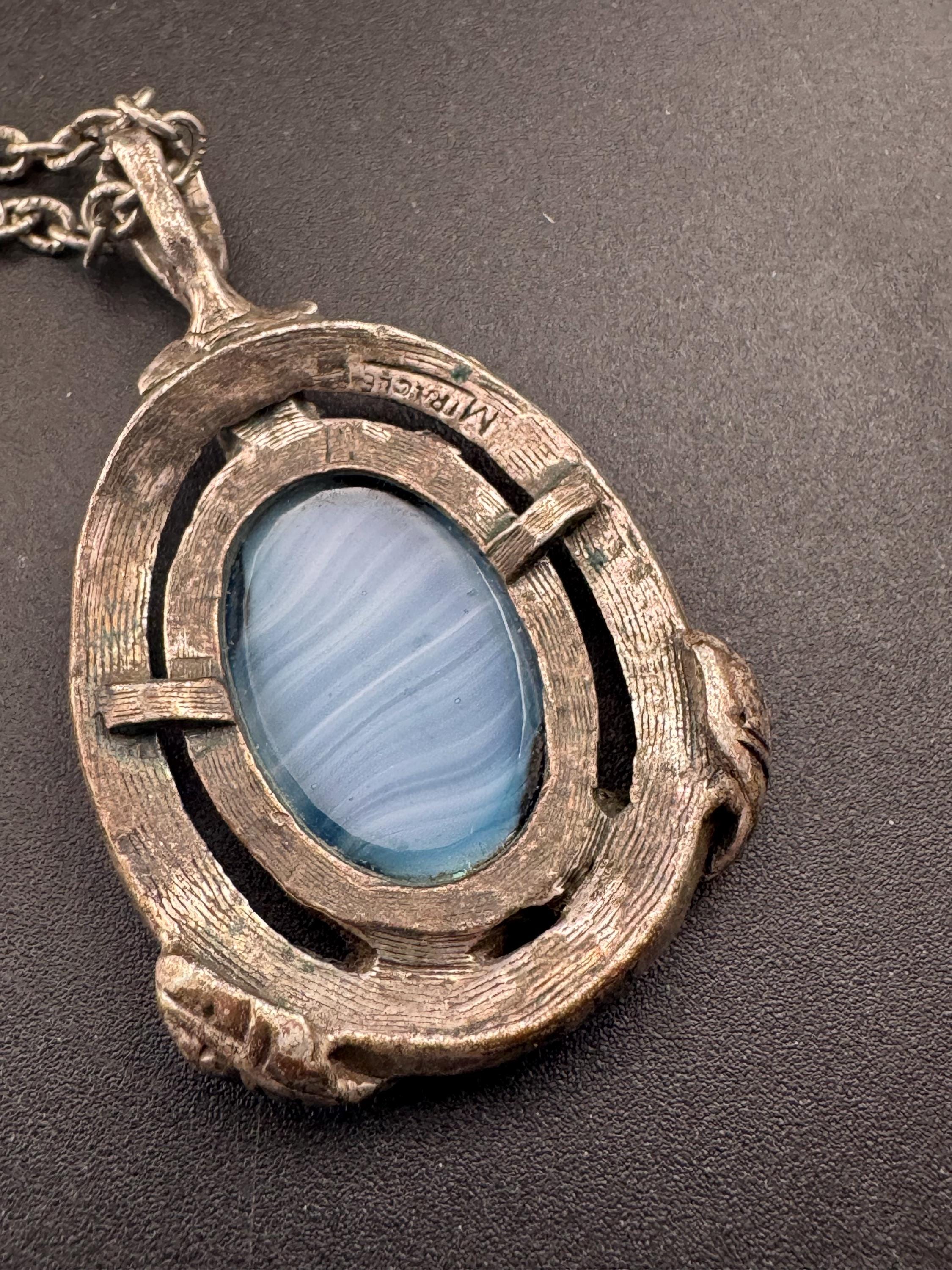 Signed Miracle blue glass pendant, Scottish Celtic necklace silver tone