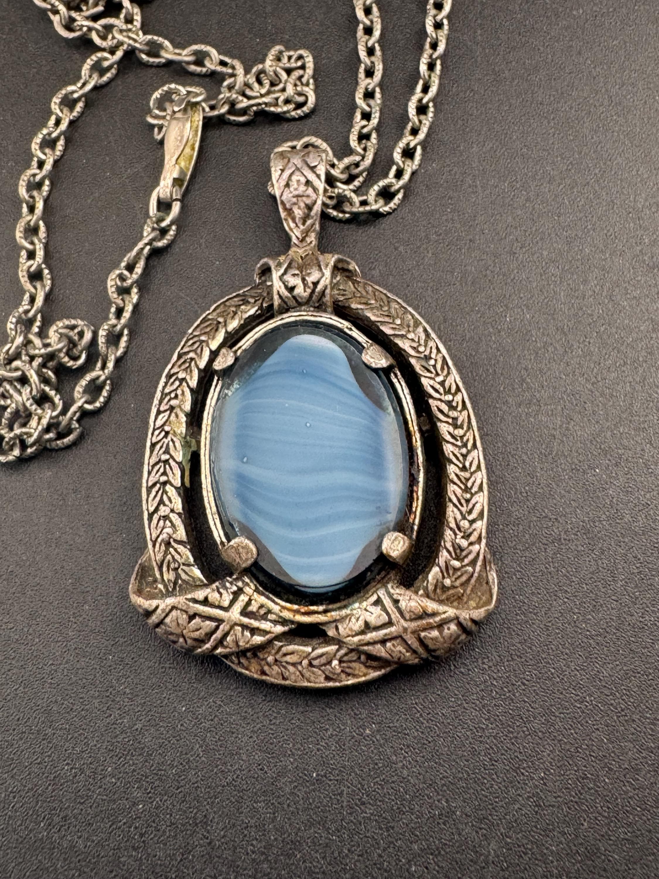 Signed Miracle blue glass pendant, Scottish Celtic necklace silver tone
