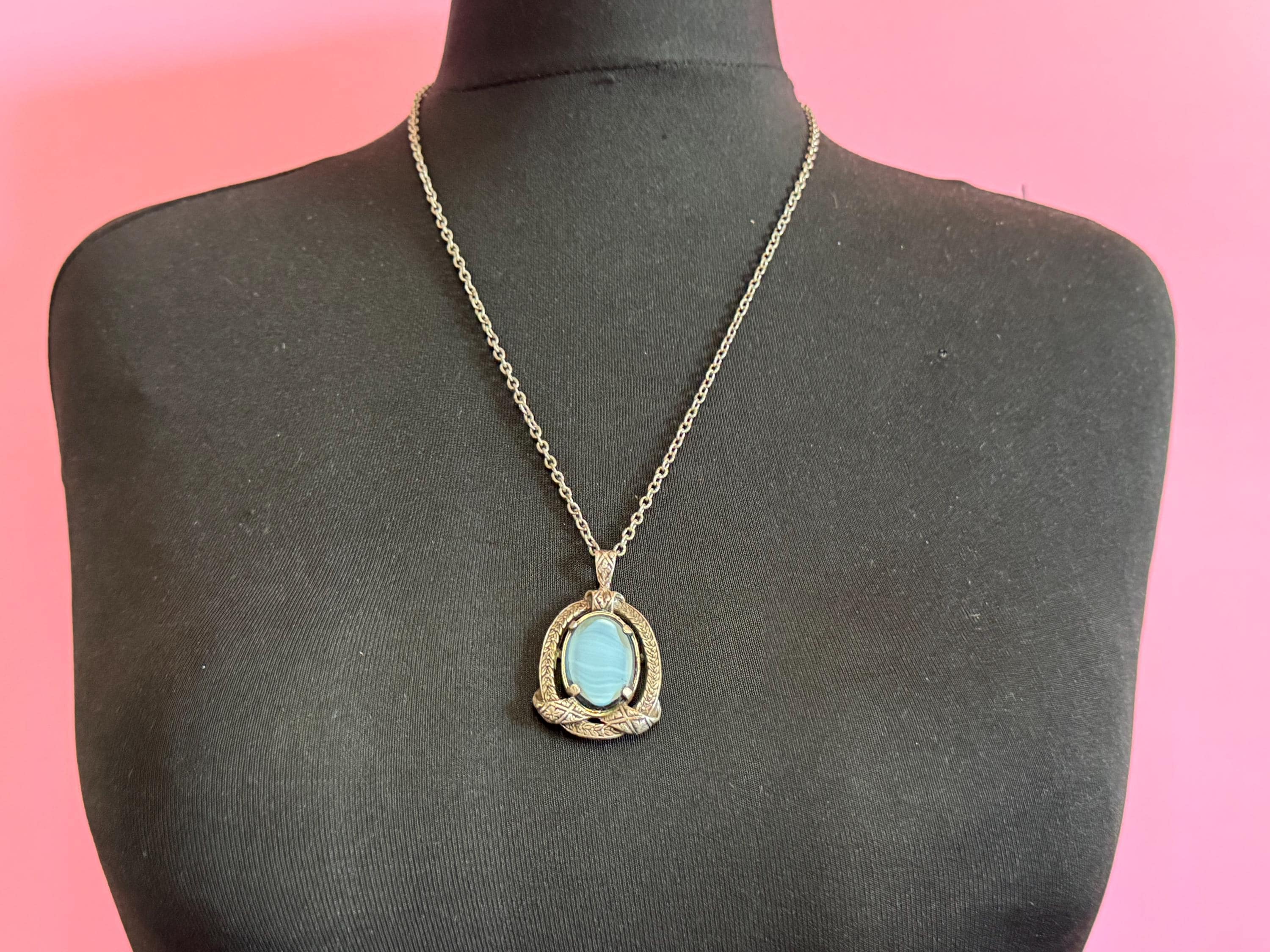 Signed Miracle blue glass pendant, Scottish Celtic necklace silver tone