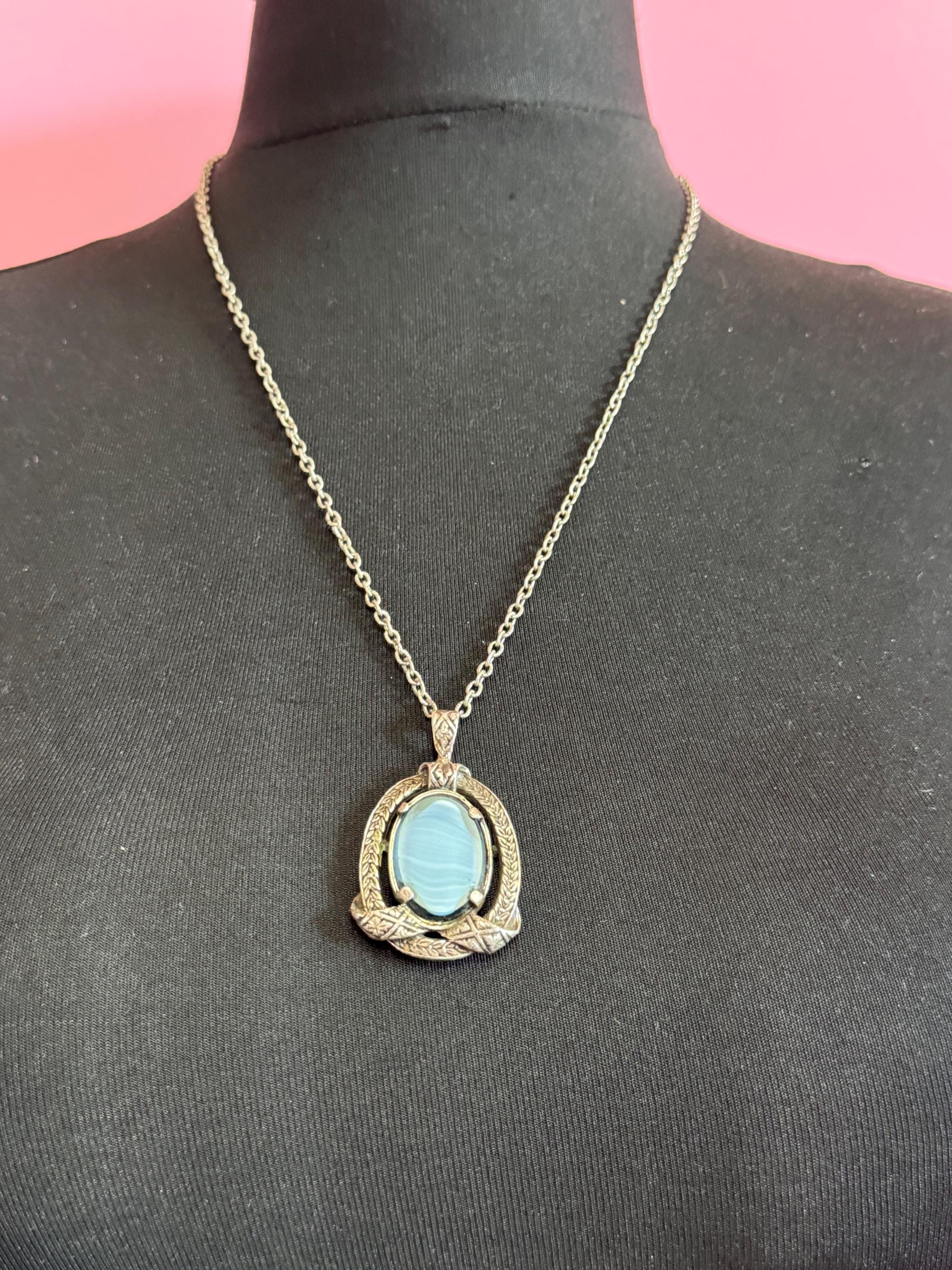 Signed Miracle blue glass pendant, Scottish Celtic necklace silver tone