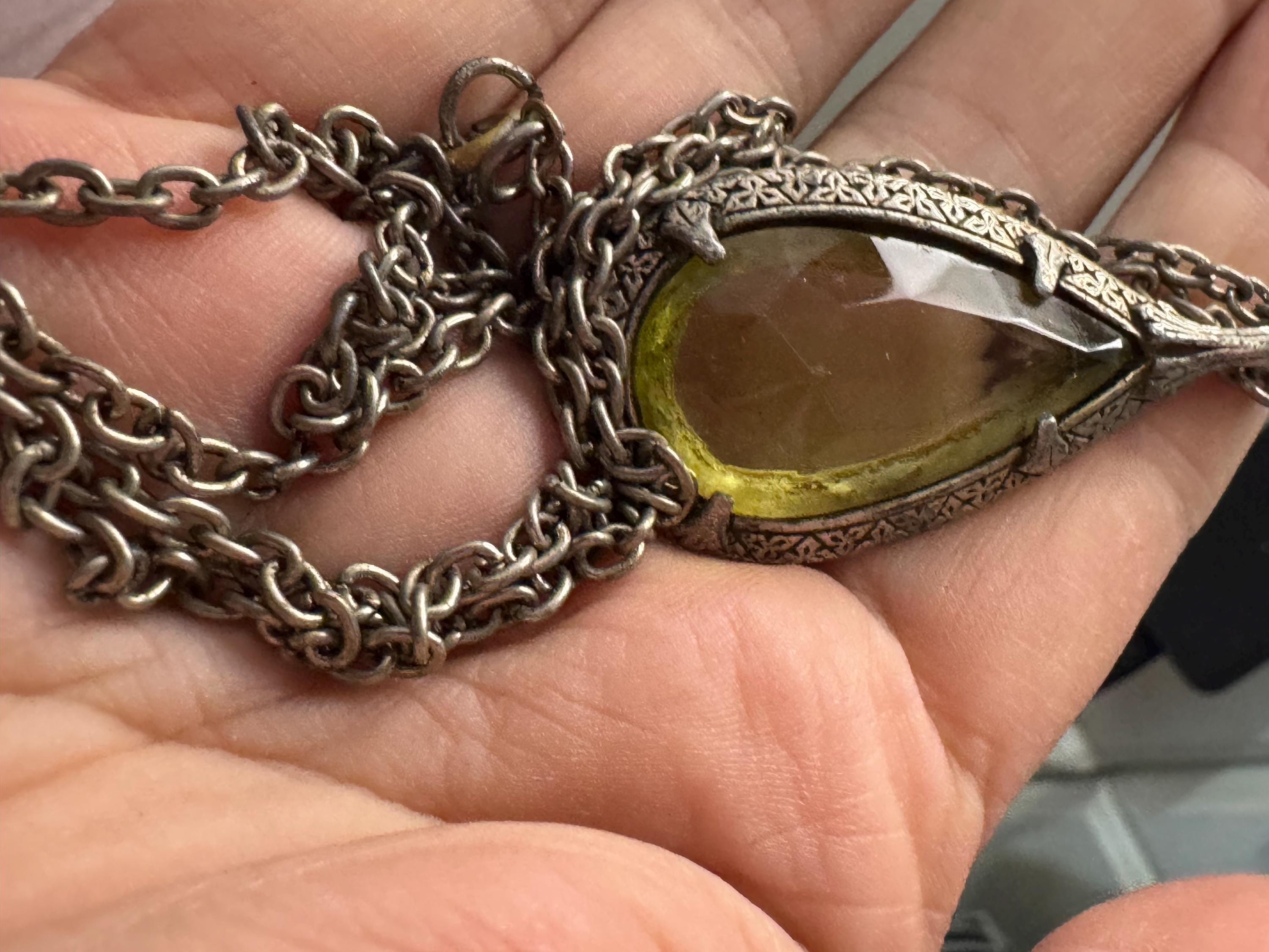 Yellow glass teardrop pendant, Scottish Celtic necklace silver tone