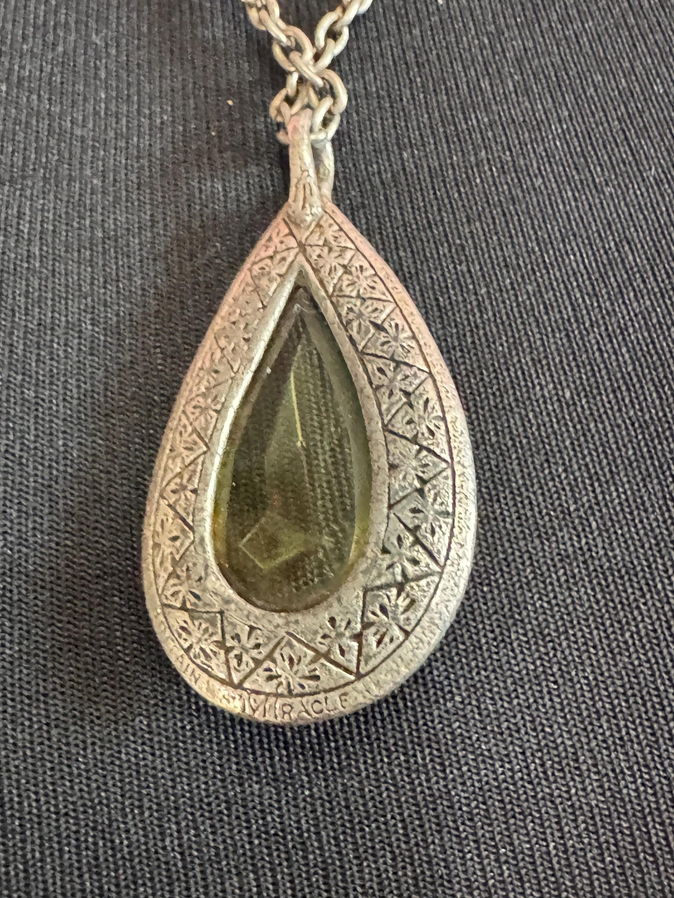 Yellow glass teardrop pendant, Scottish Celtic necklace silver tone