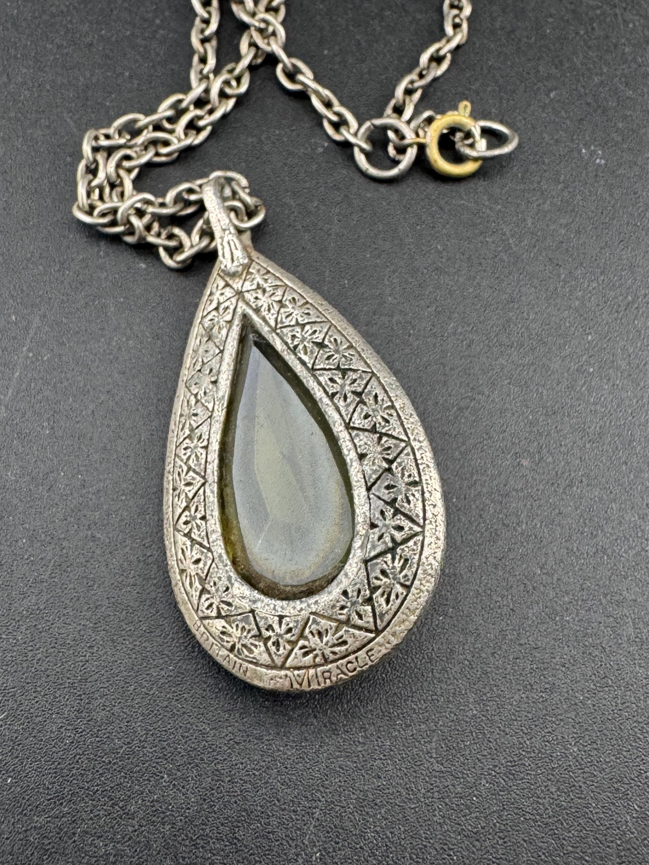 Yellow glass teardrop pendant, Scottish Celtic necklace silver tone