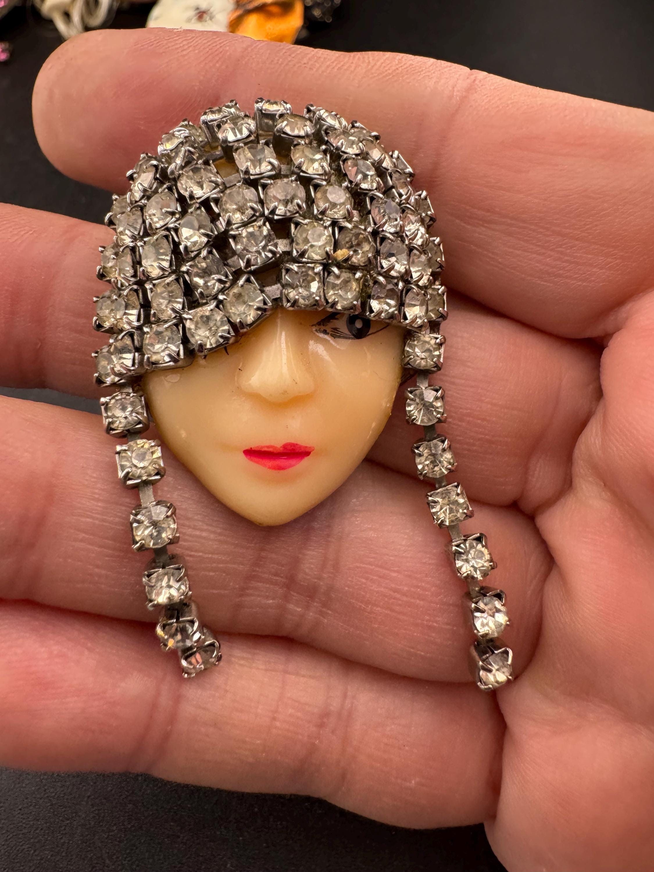 Signed vintage rhinestone flapper face brooch, art deco lady pin