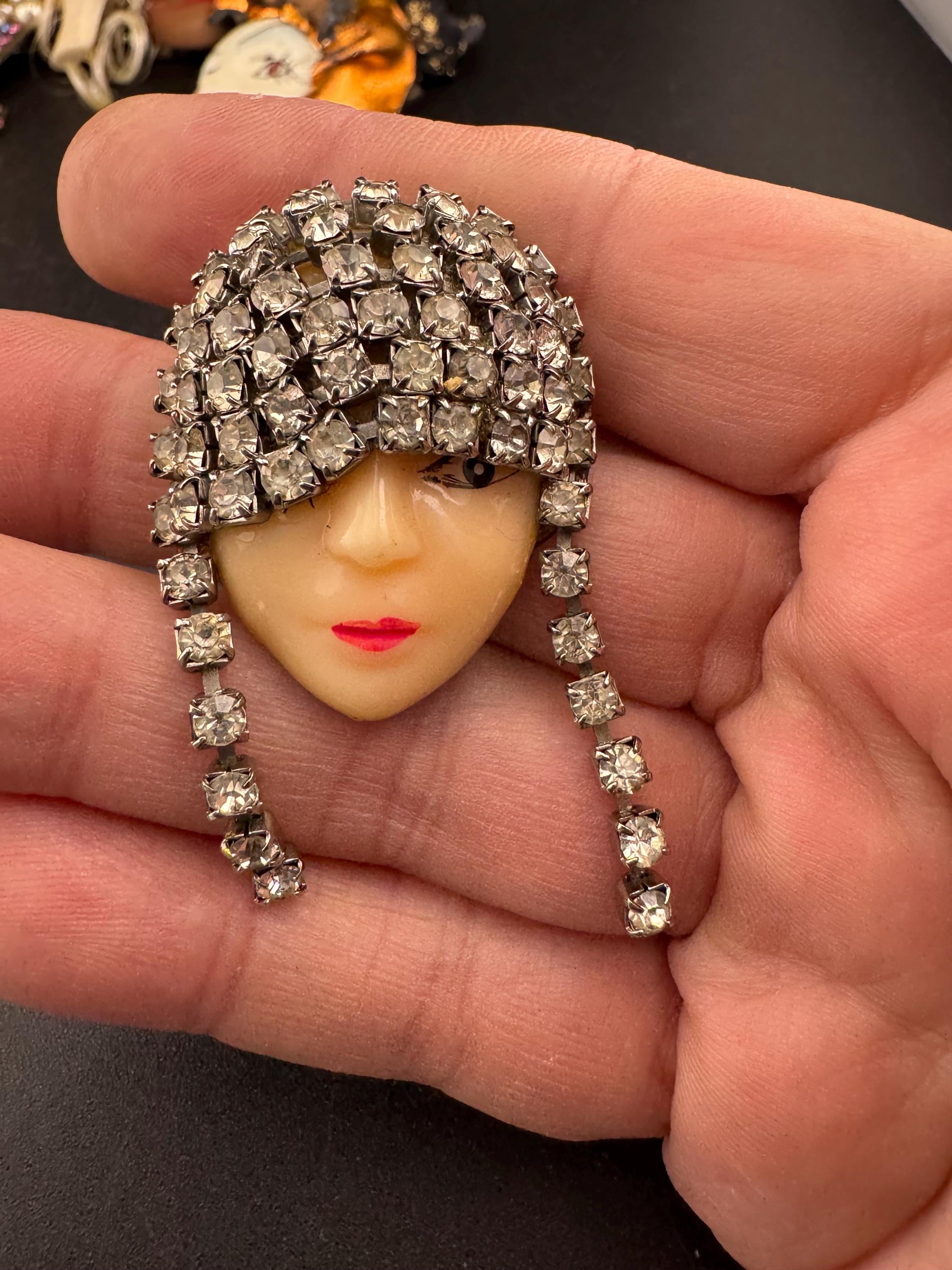 Signed vintage rhinestone flapper face brooch, art deco lady pin