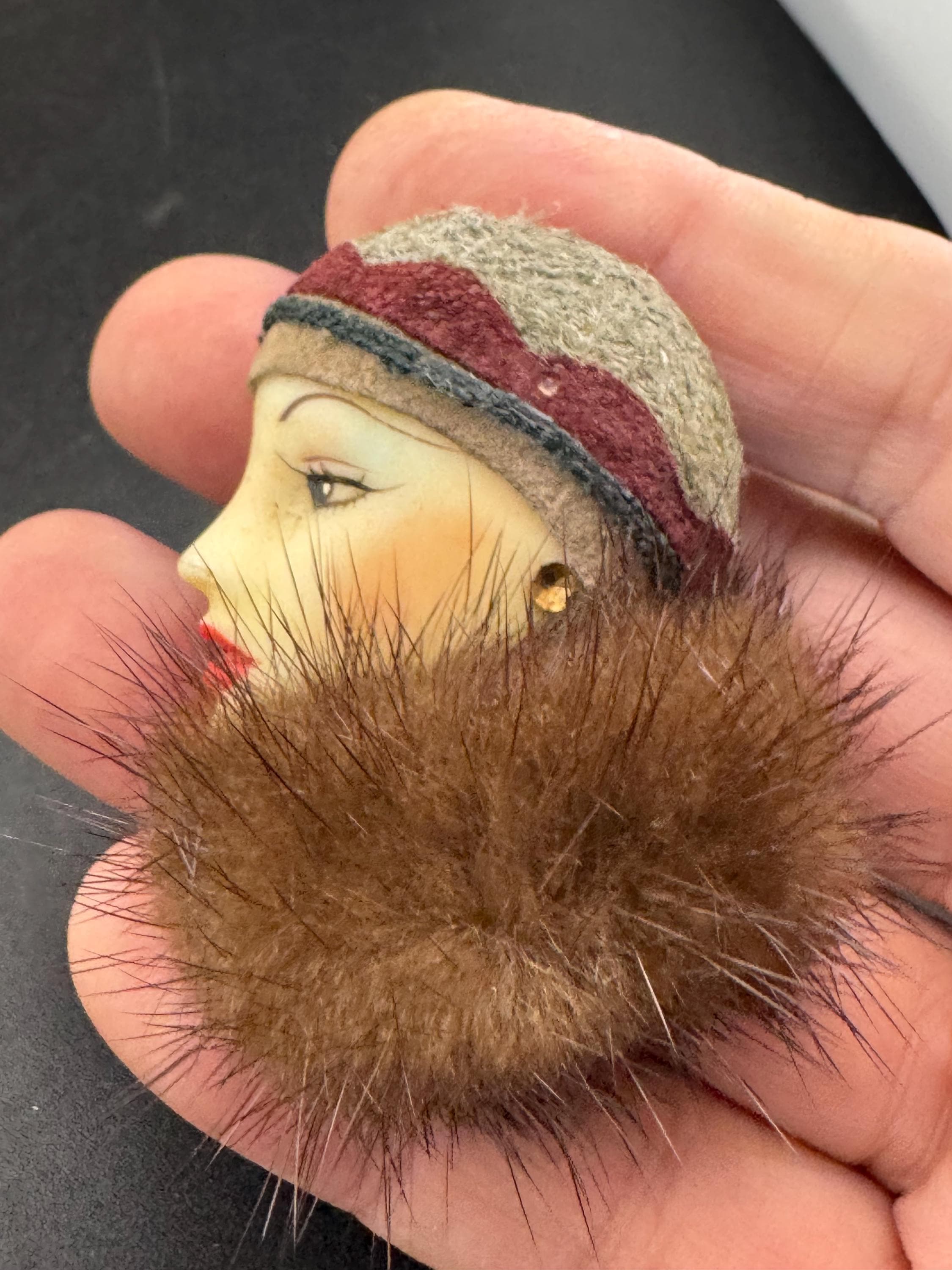 vintage flapper face brooch, art deco lady pin with mink fur