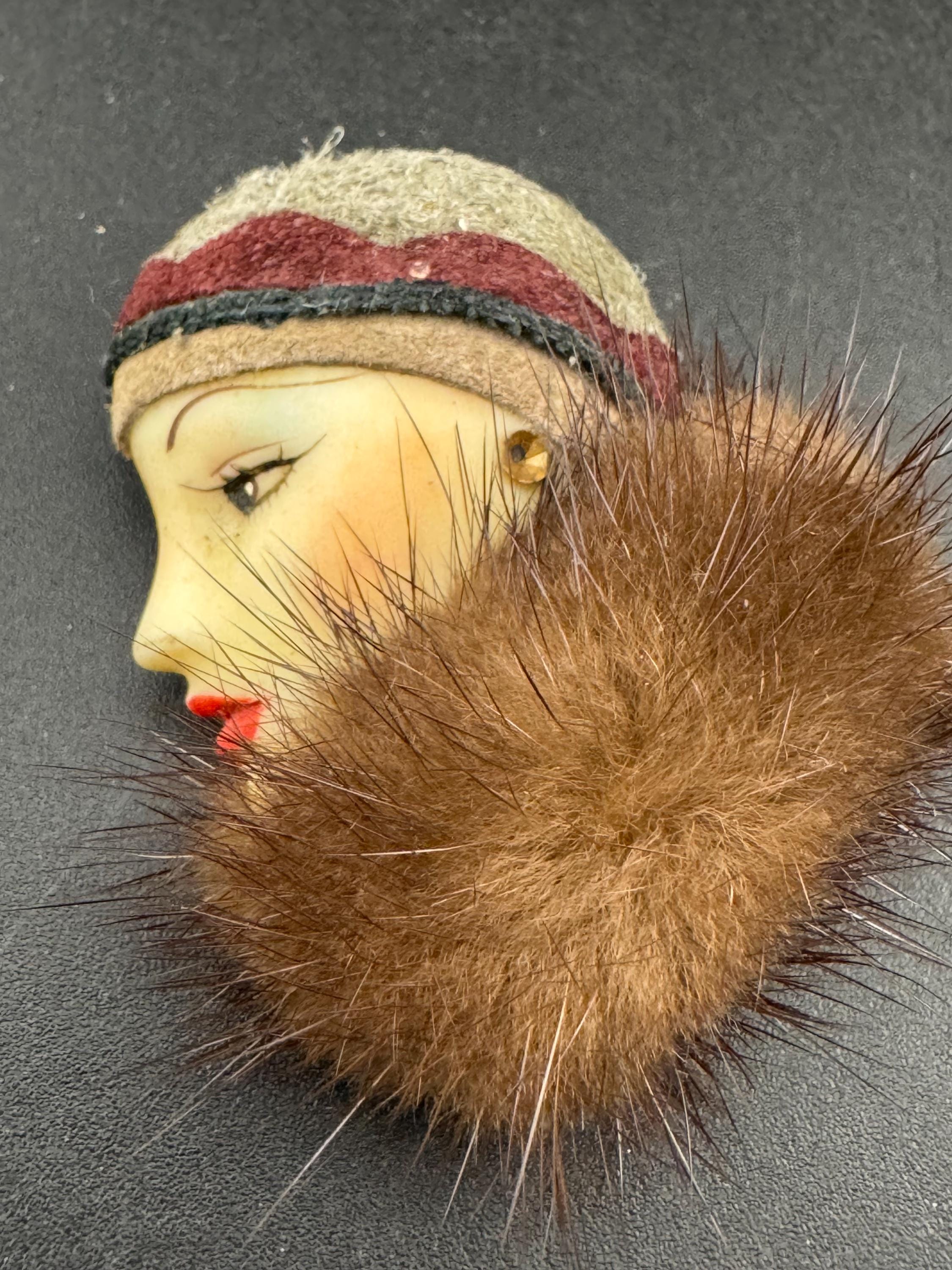 vintage flapper face brooch, art deco lady pin with mink fur