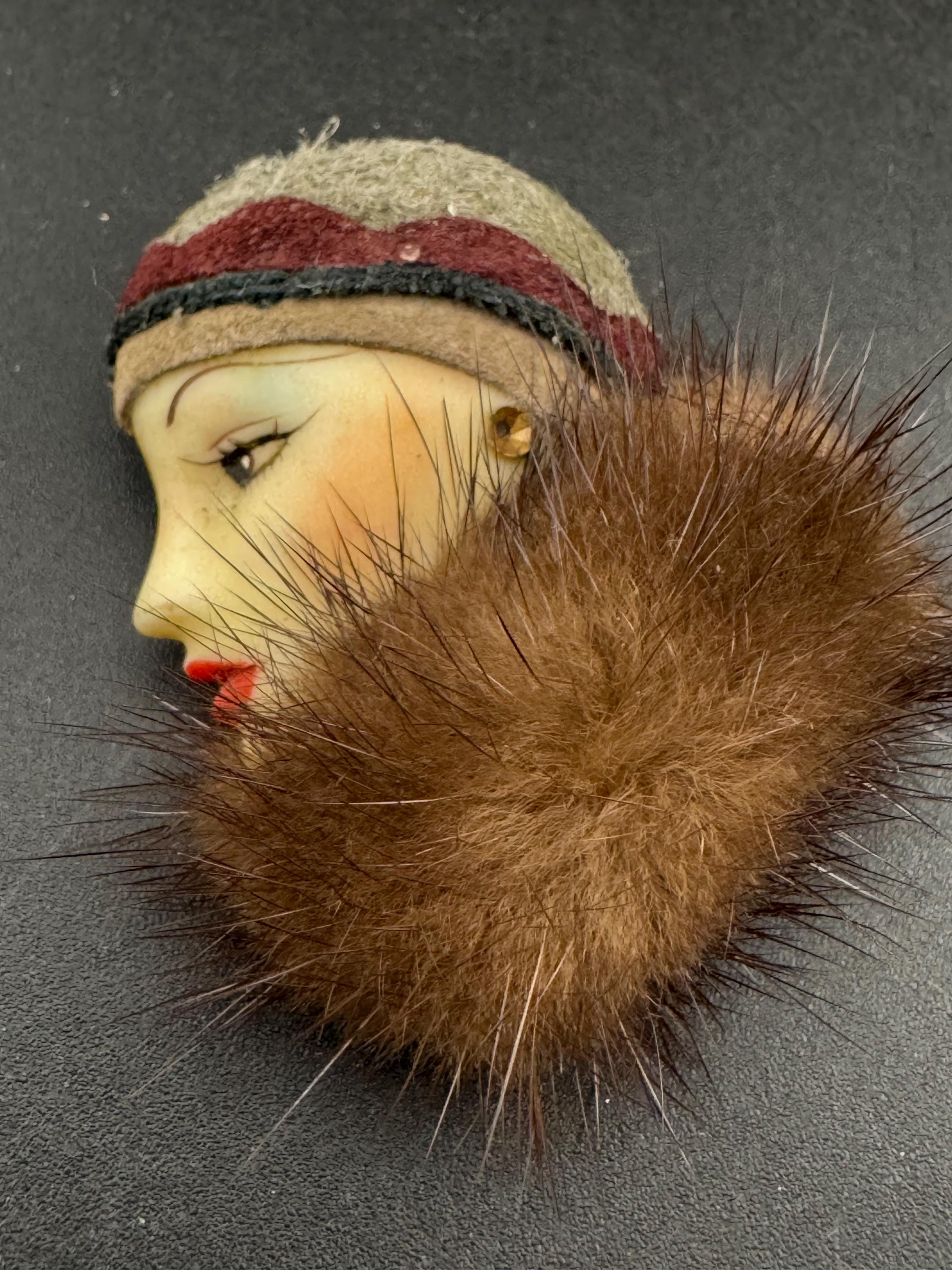 vintage flapper face brooch, art deco lady pin with mink fur