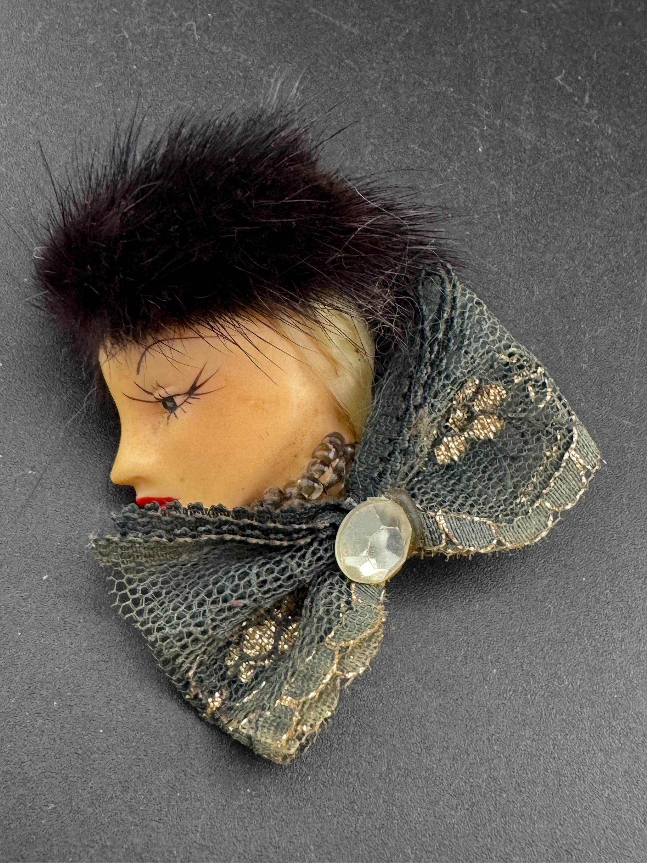 vintage flapper face brooch, art deco lady pin with mink fur and bow