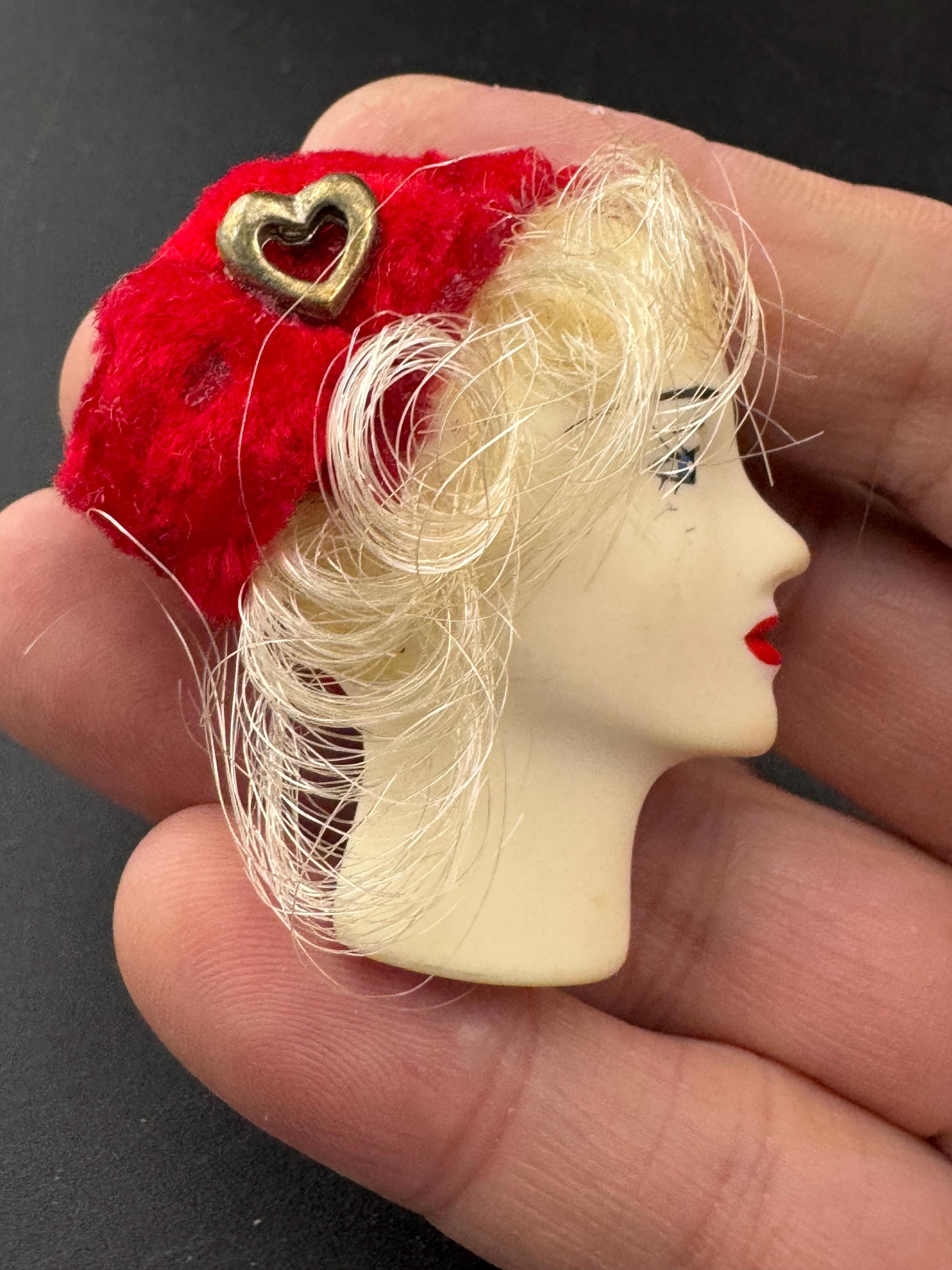 vintage flapper face brooch, art deco lady pin with red hat