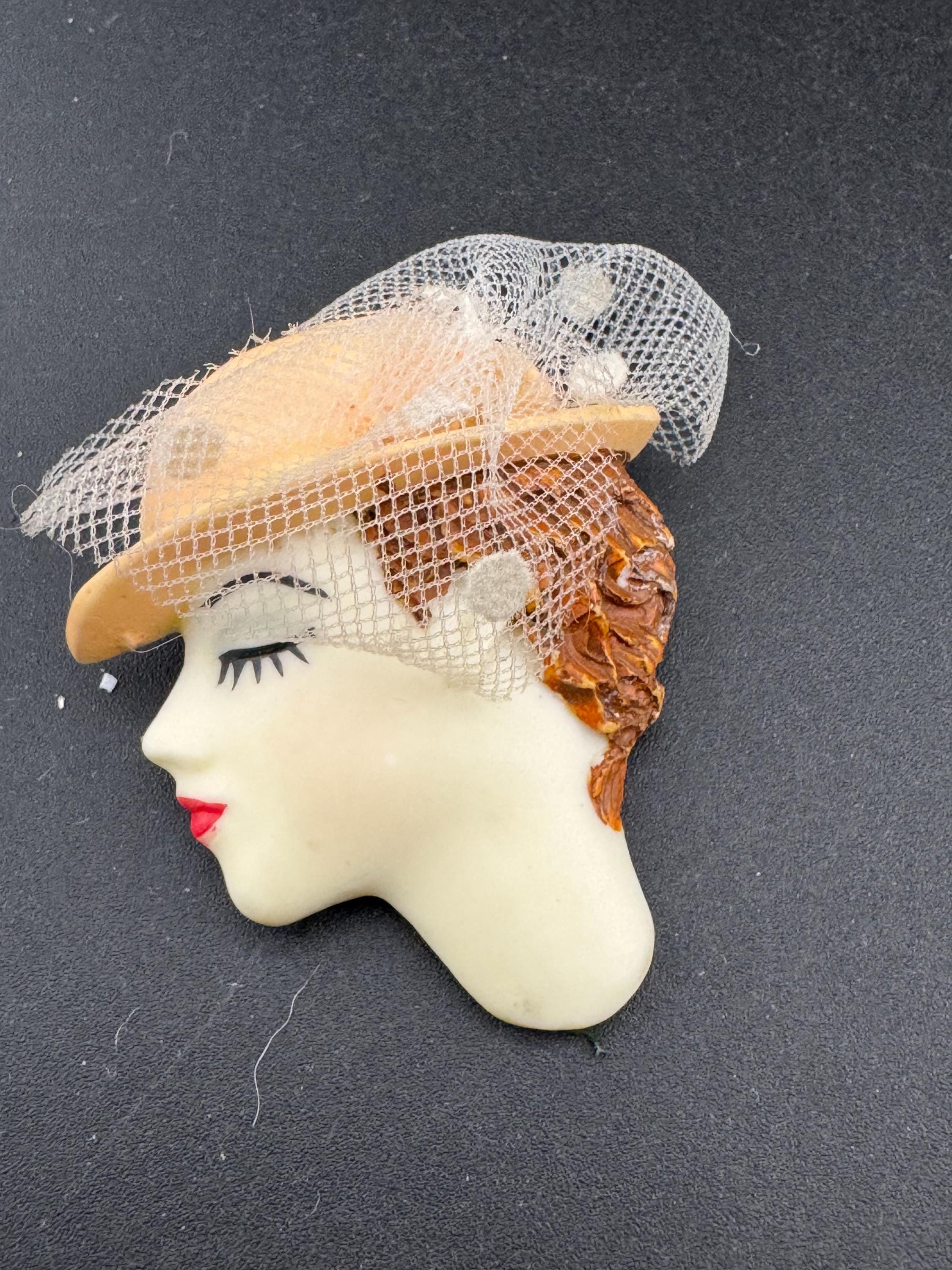 vintage flapper face brooch, art deco lady pin with pink hat