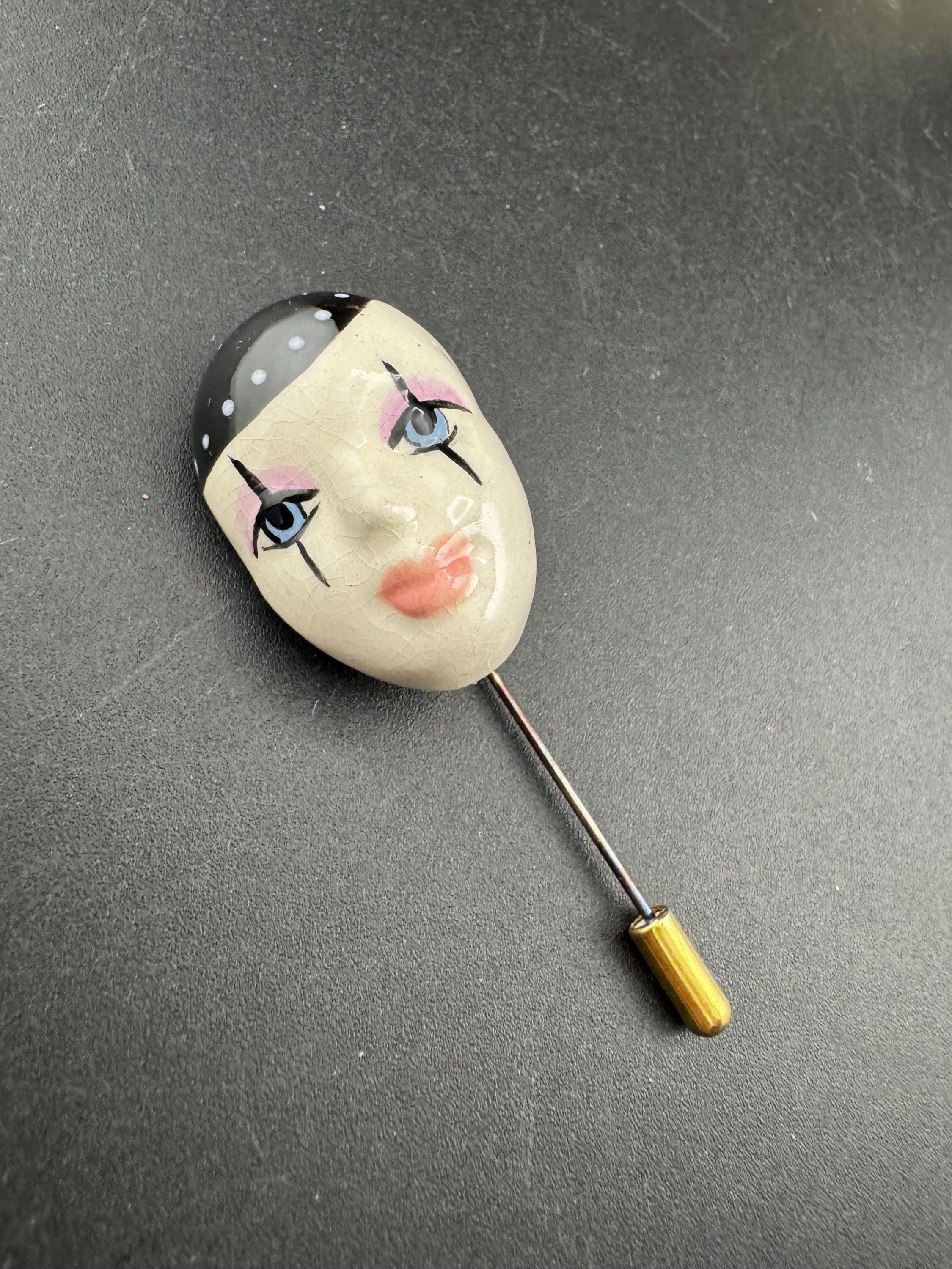 Vintage signed ceramic Pierrot stick pin brooch: art deco French Clown