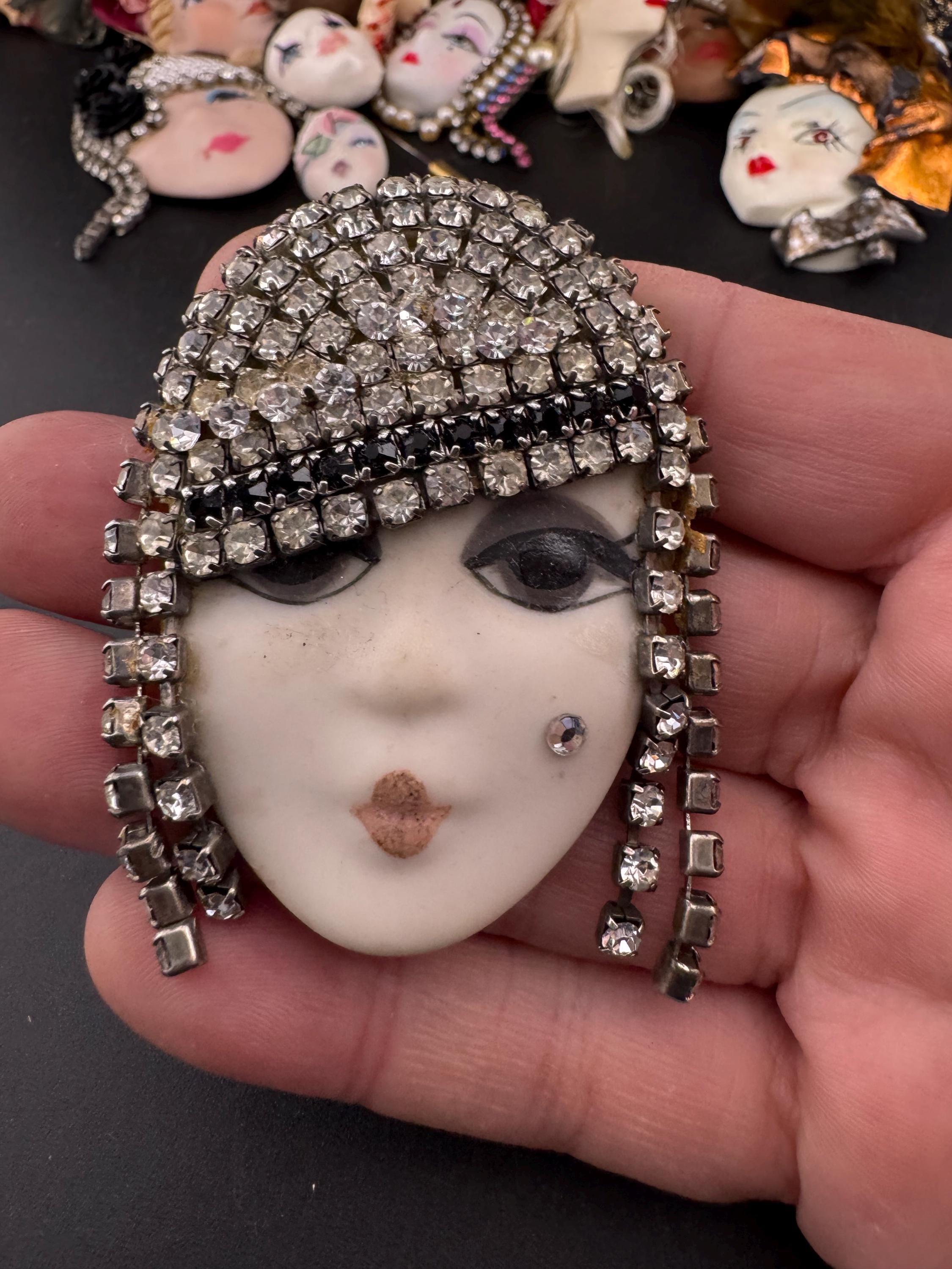 Signed Vintage porcelain rhinestone ceramic flapper face brooch: art deco lady pin